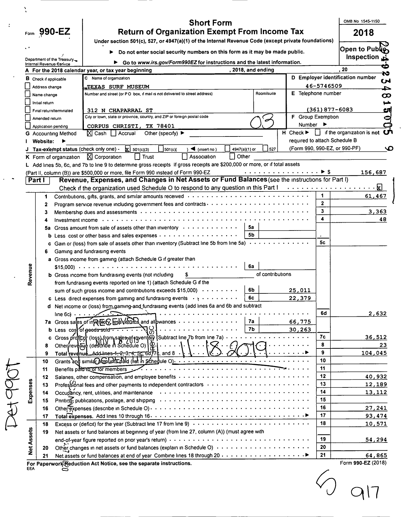 Image of first page of 2018 Form 990EZ for Texas Surf Conservancy