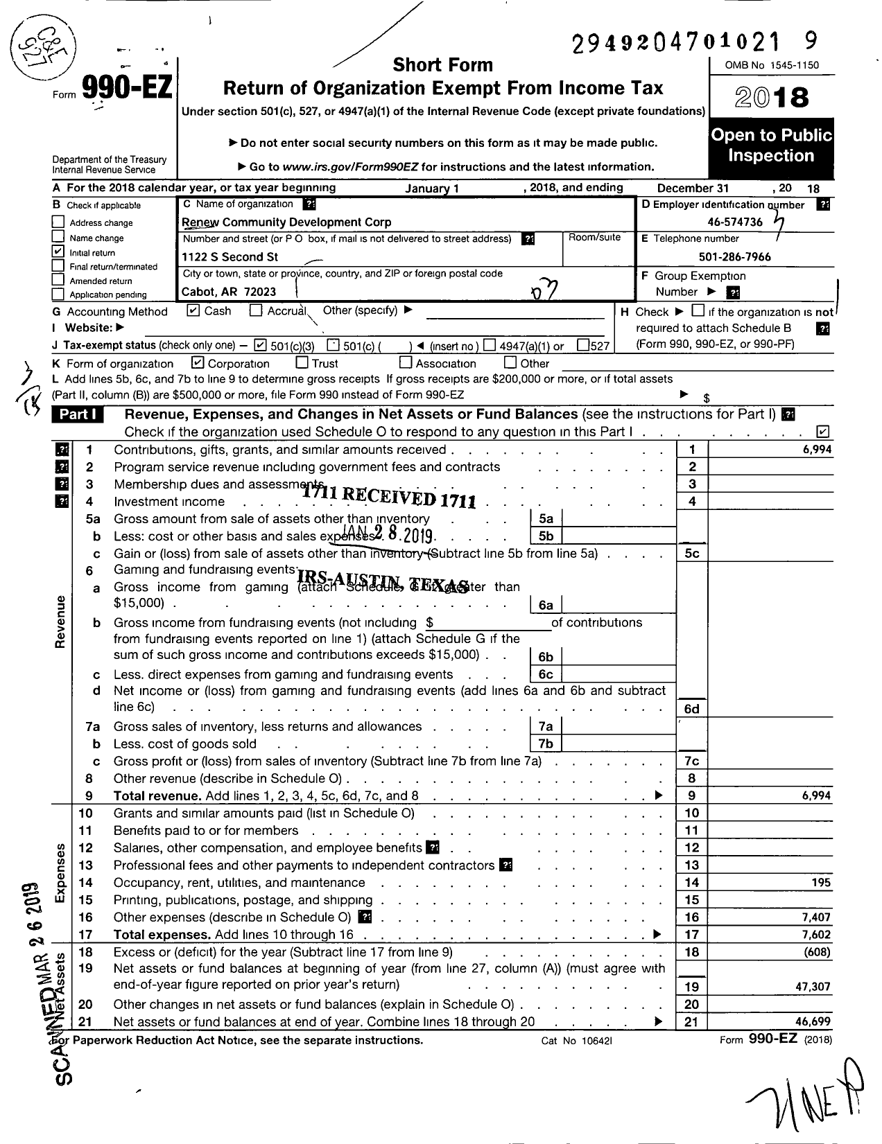 Image of first page of 2018 Form 990EZ for Renew Community Development Corporation