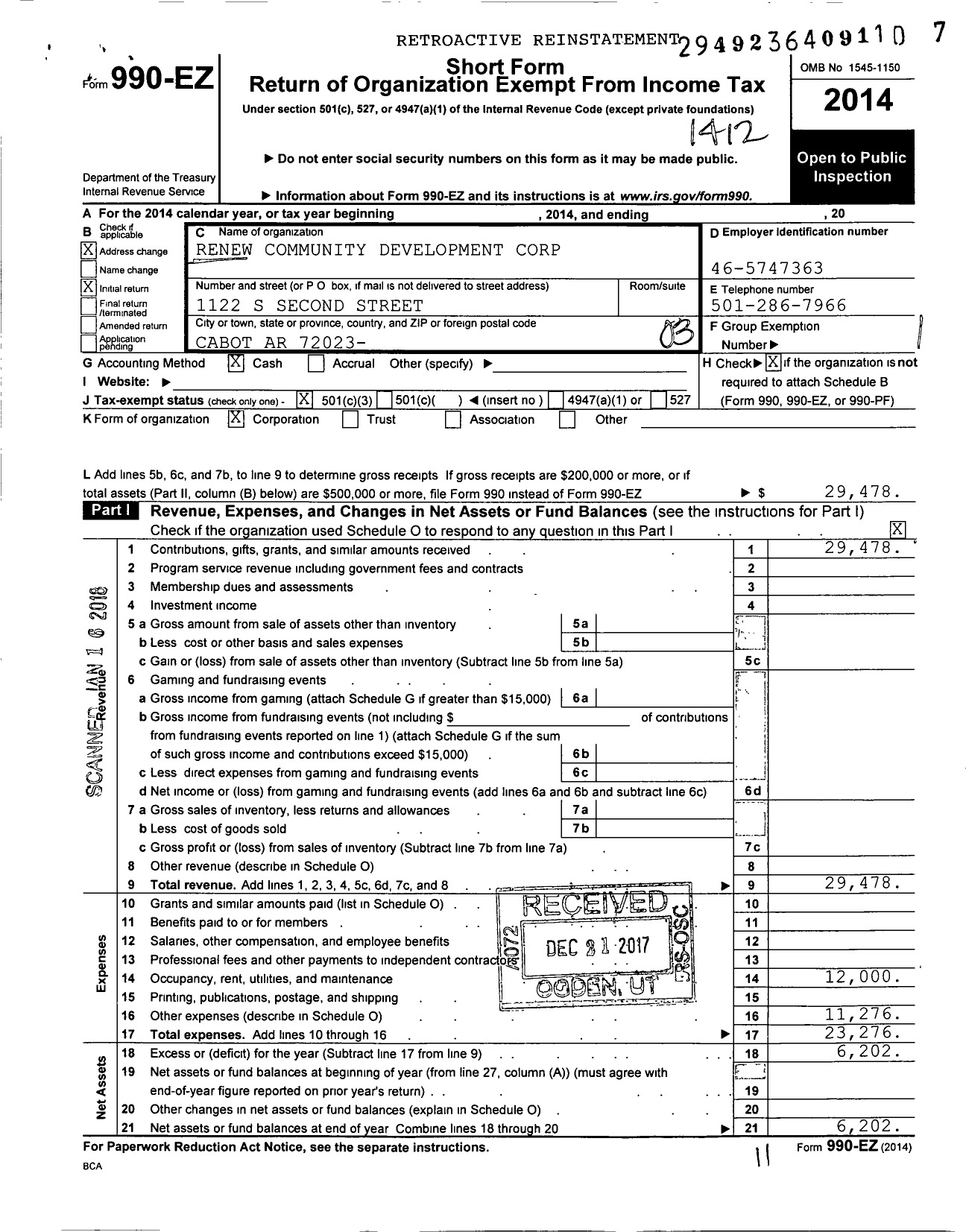 Image of first page of 2014 Form 990EZ for Renew Community Development Corporation