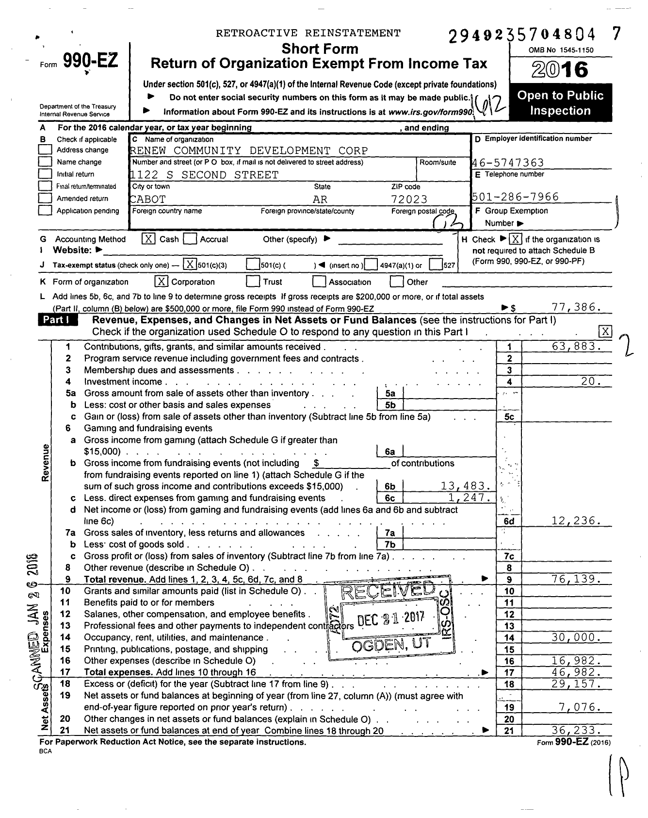 Image of first page of 2016 Form 990EZ for Renew Community Development Corporation