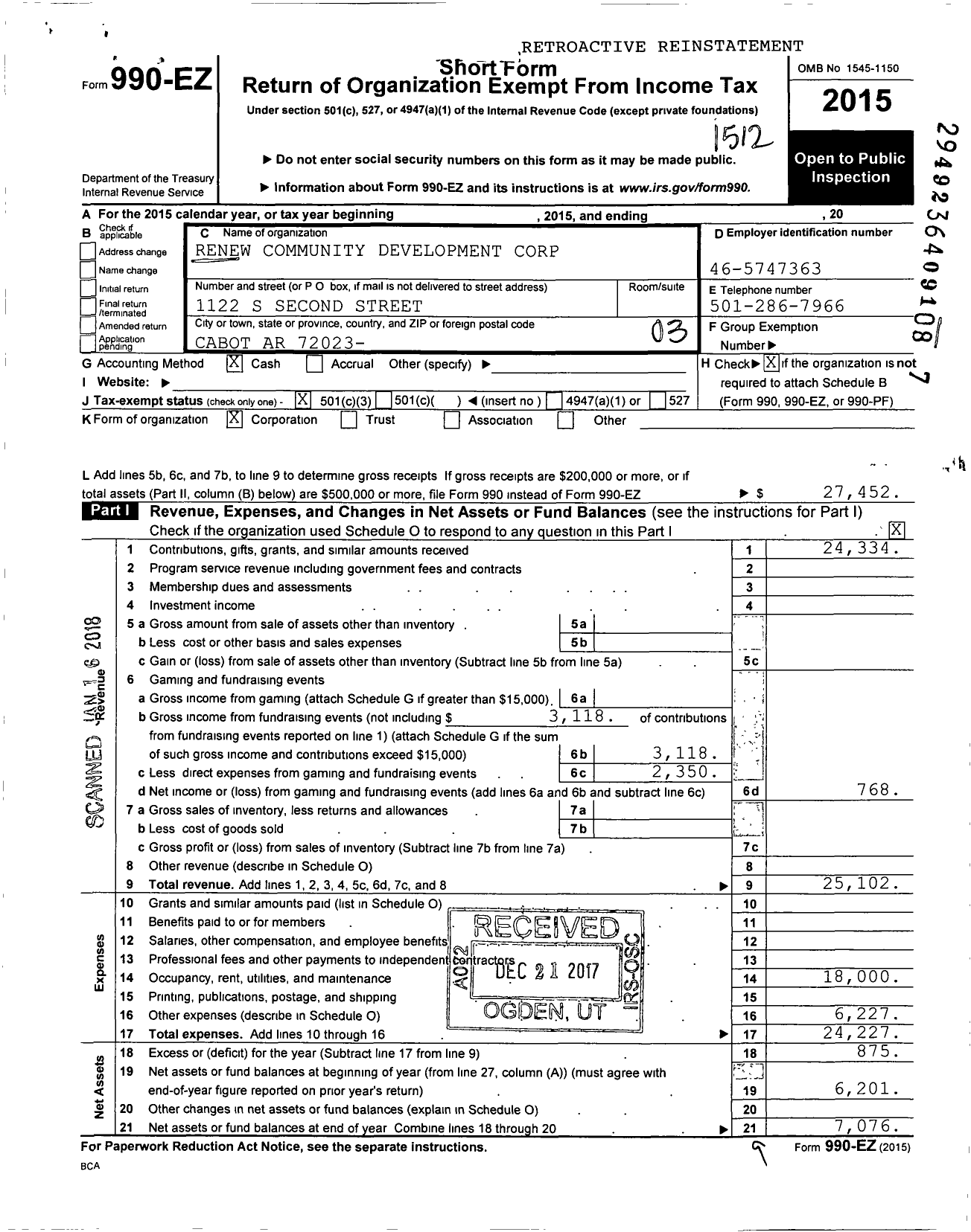 Image of first page of 2015 Form 990EZ for Renew Community Development Corporation