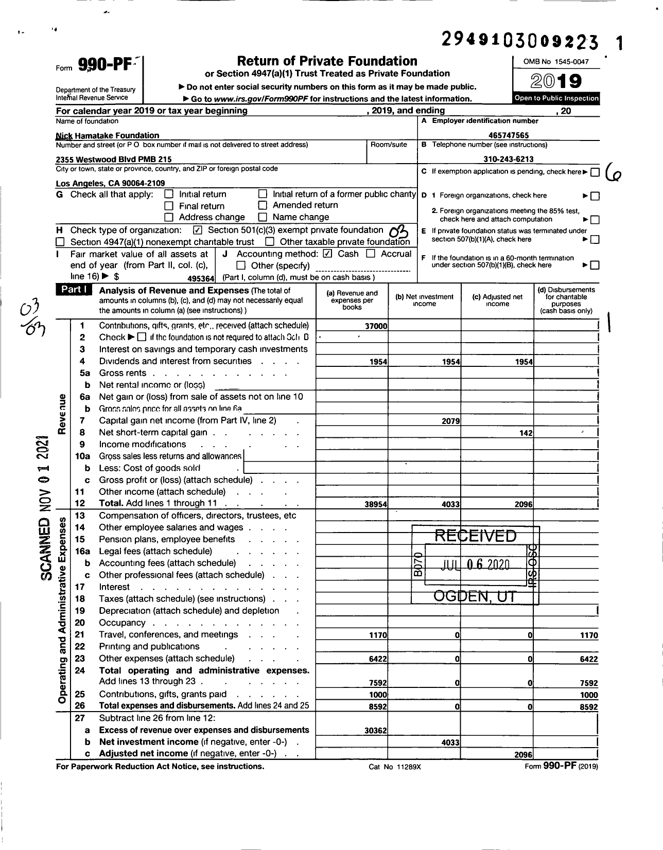 Image of first page of 2019 Form 990PF for Nick Hamatake Foundation