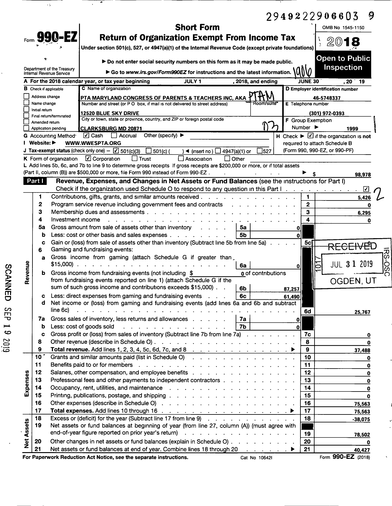 Image of first page of 2018 Form 990EZ for PTA Delaware Congress / Ptam