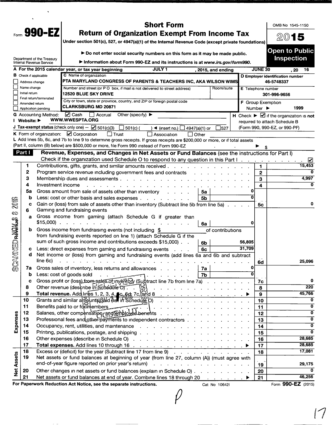 Image of first page of 2015 Form 990EZ for PTA Delaware Congress / Ptam