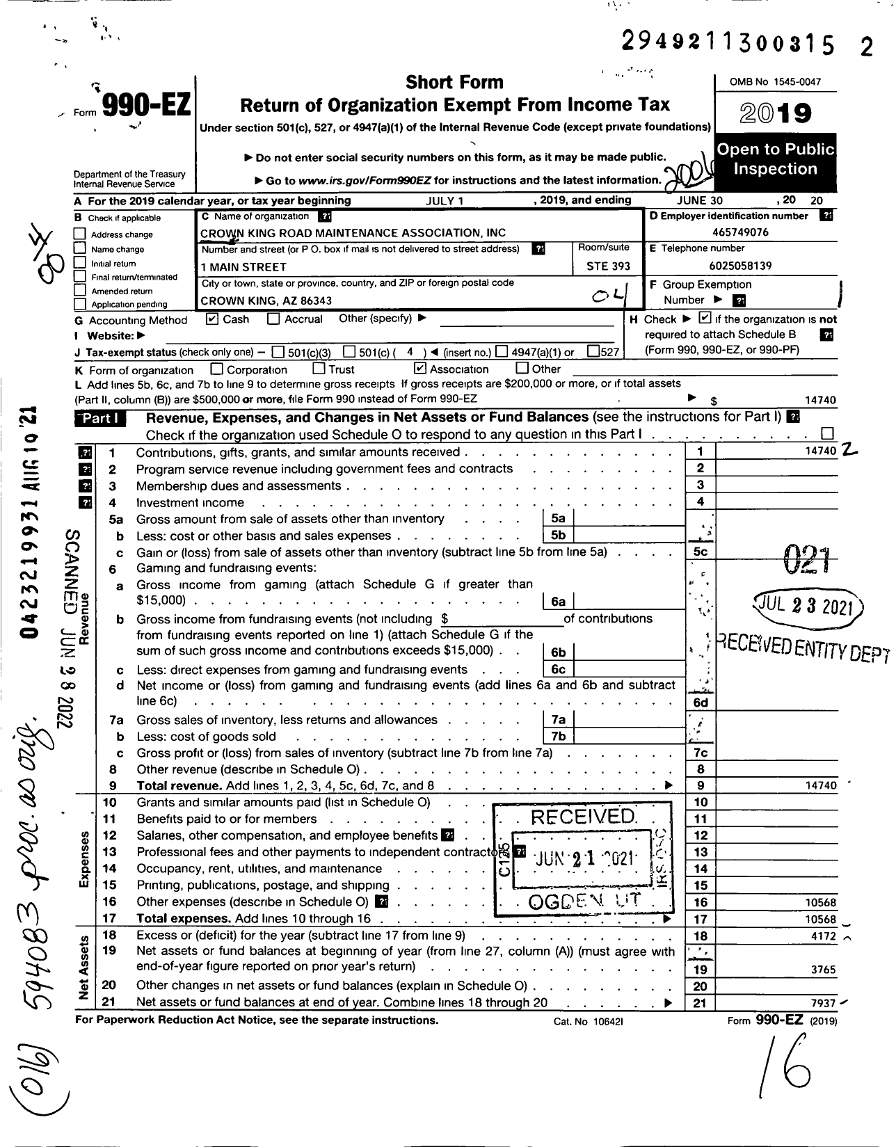 Image of first page of 2019 Form 990EO for Crown King Road Maintenance Association LLC