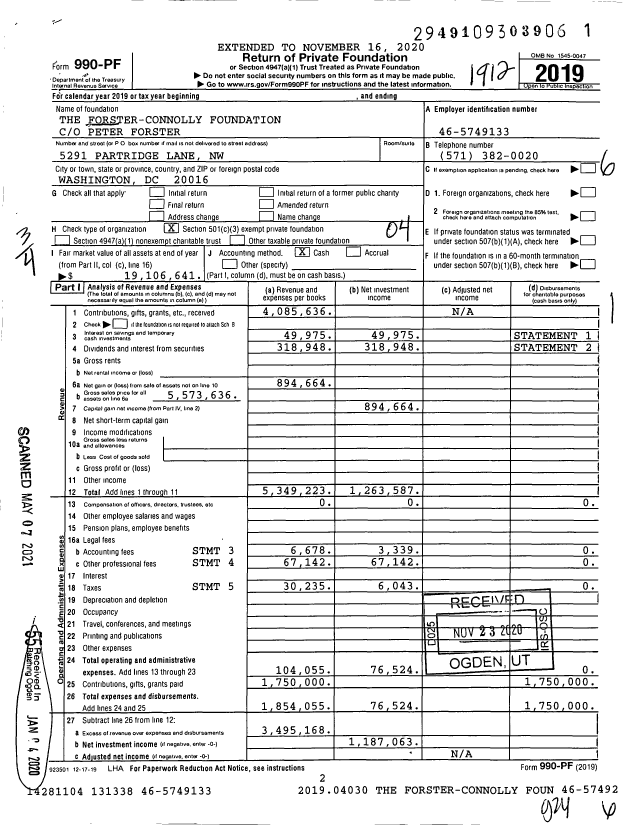 Image of first page of 2019 Form 990PF for The Forster-Connolly Foundation