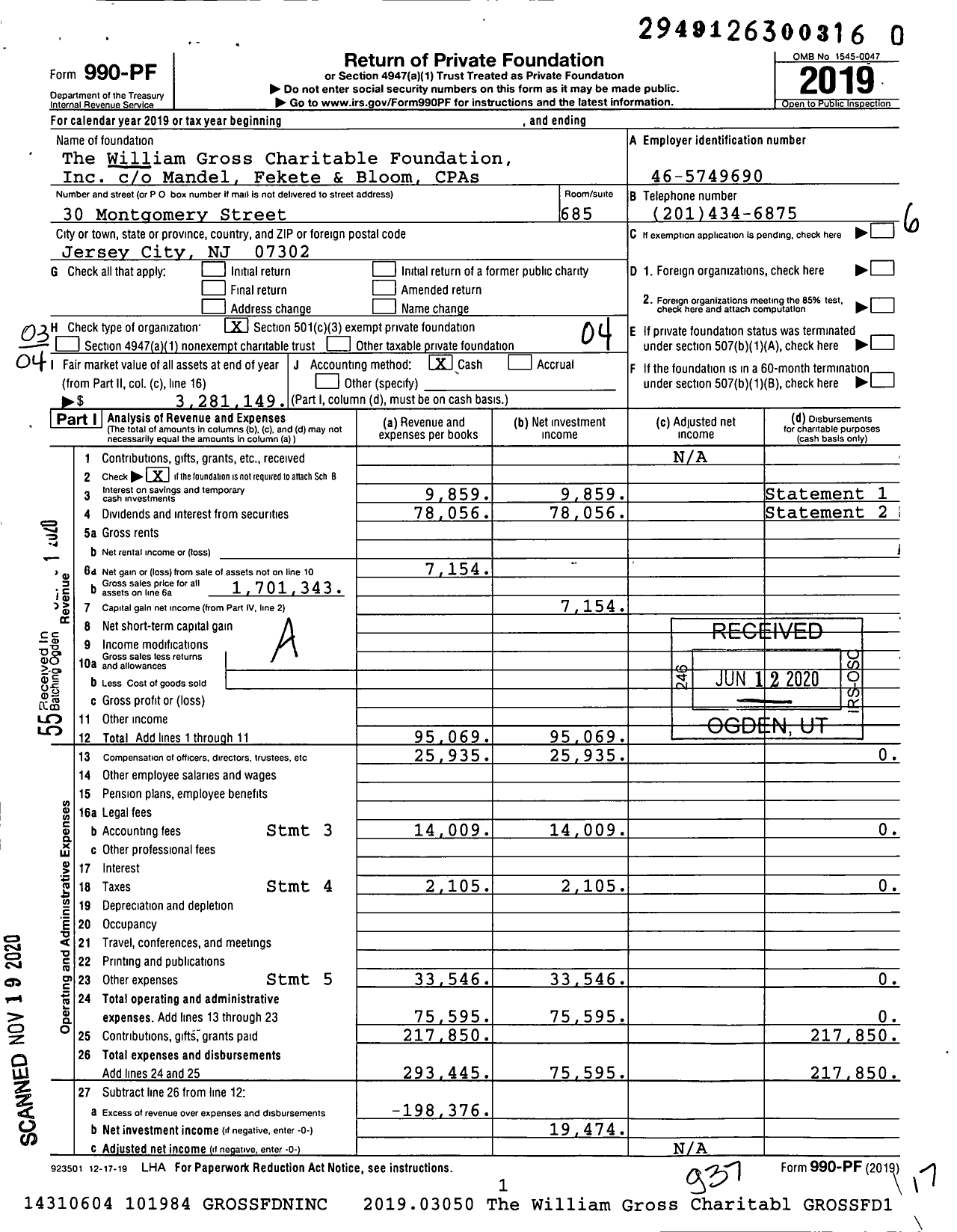 Image of first page of 2019 Form 990PF for The William Gross Charitable Foundation