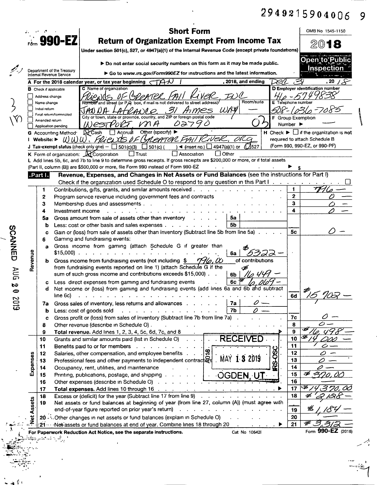 Image of first page of 2018 Form 990EZ for Friends of Greater Fall River