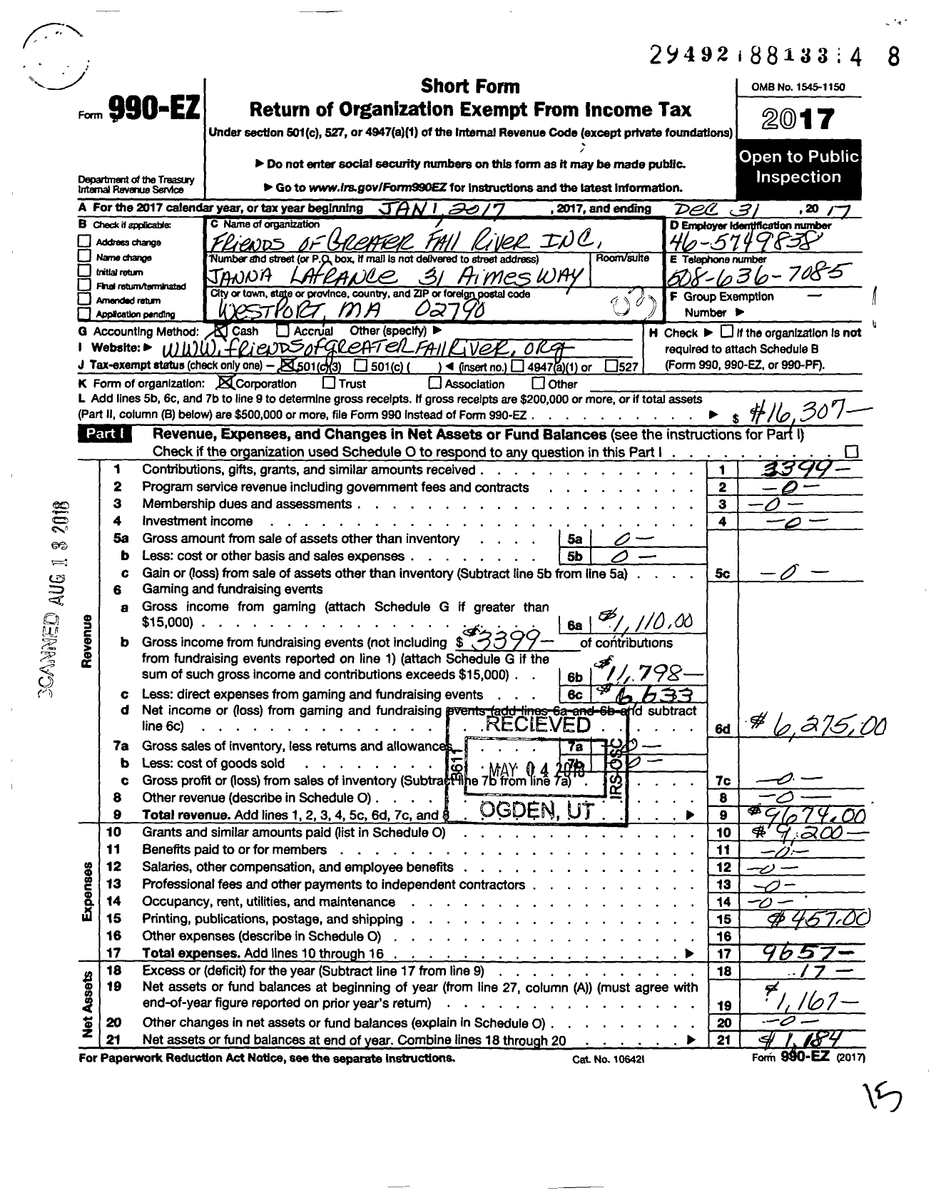 Image of first page of 2017 Form 990EZ for Friends of Greater Fall River