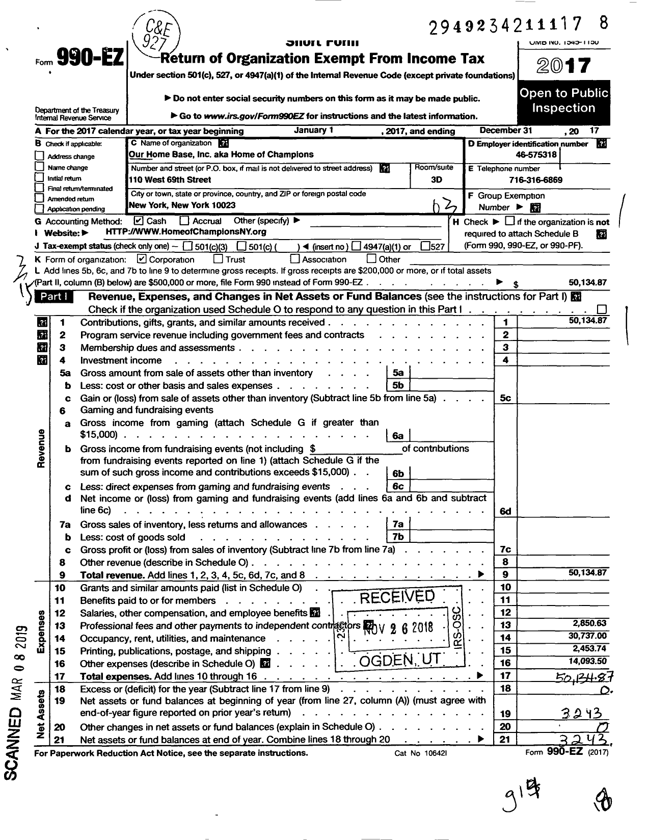 Image of first page of 2017 Form 990EZ for Our Home Base