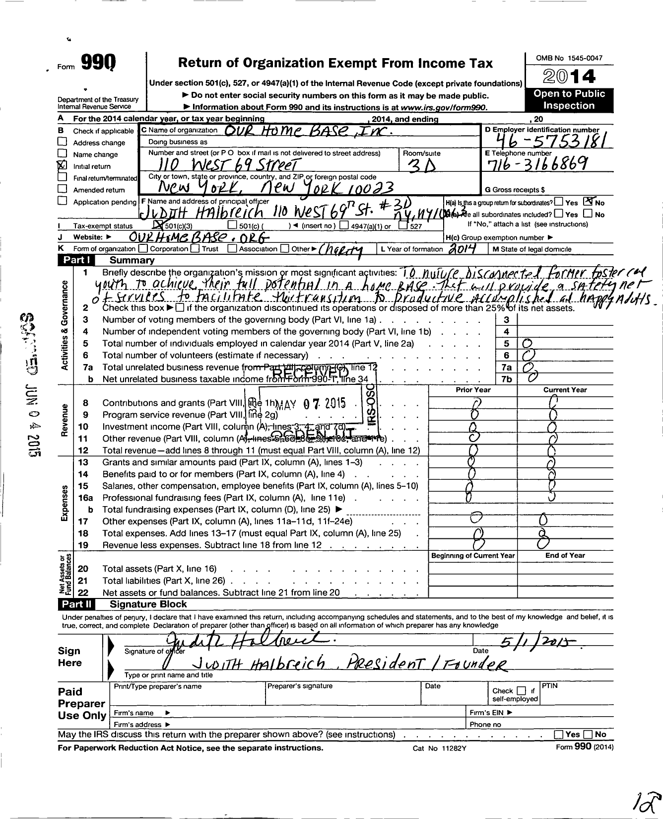 Image of first page of 2014 Form 990 for Our Home Base