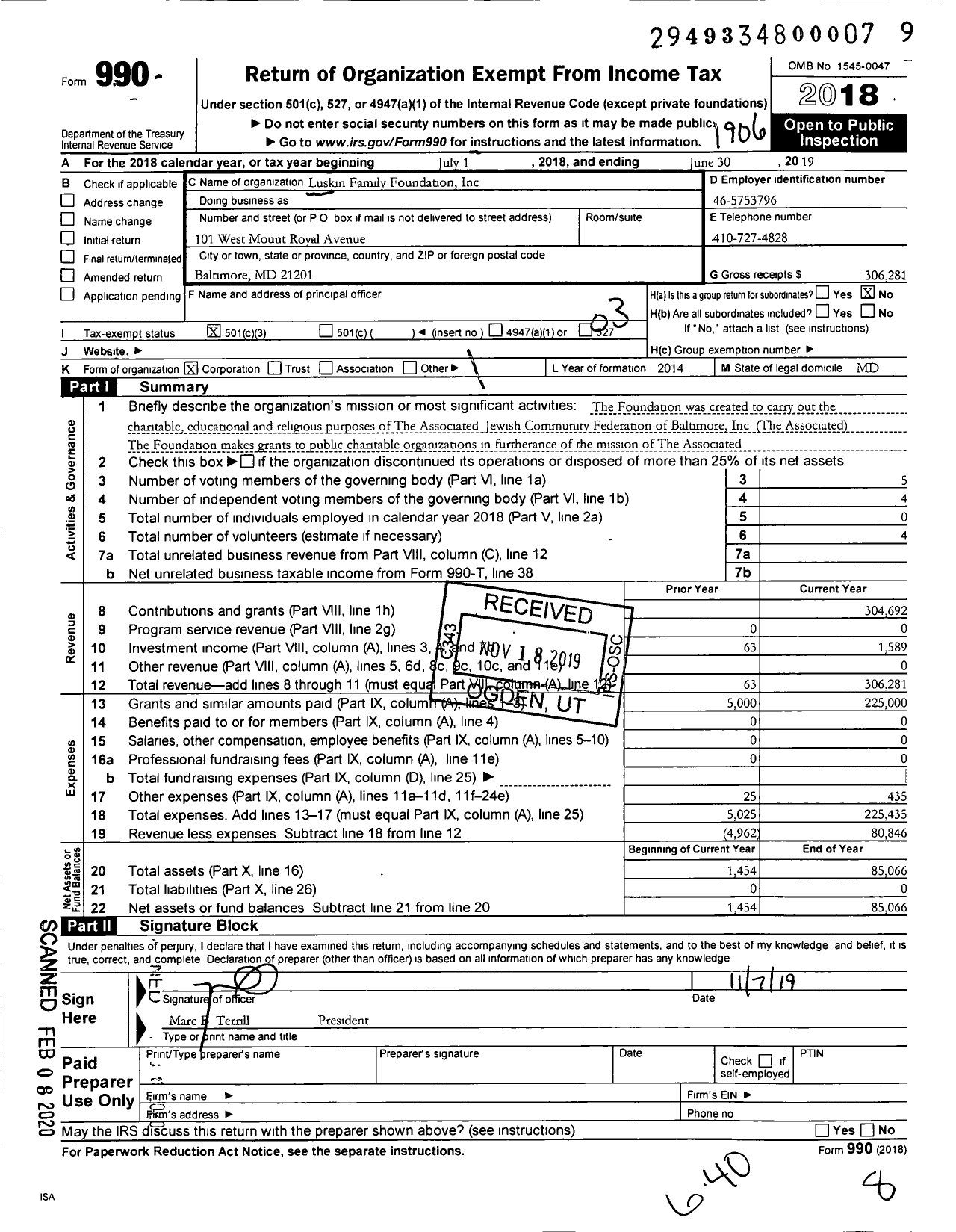 Image of first page of 2018 Form 990 for Luskin Family Foundation