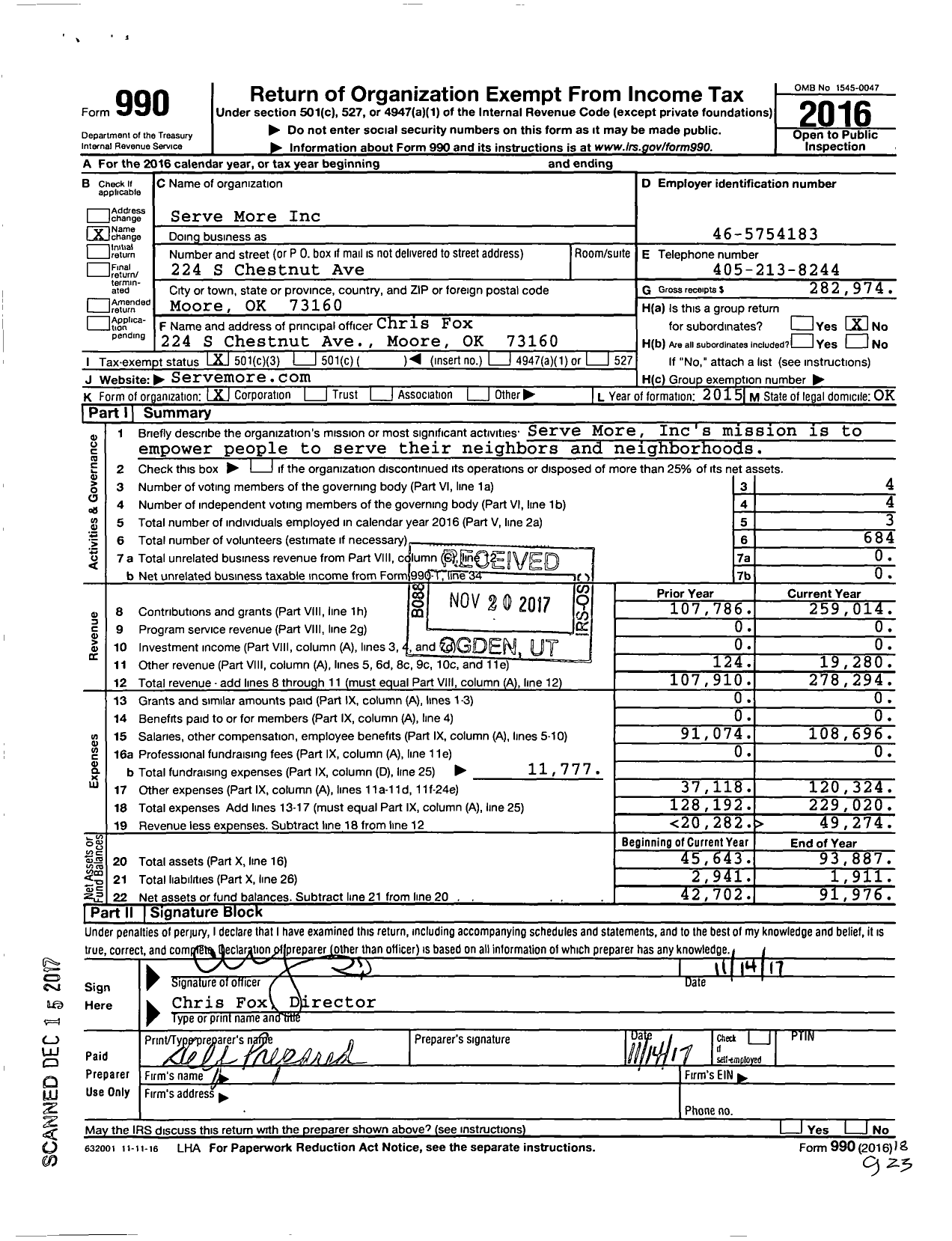 Image of first page of 2016 Form 990 for Serve Moore