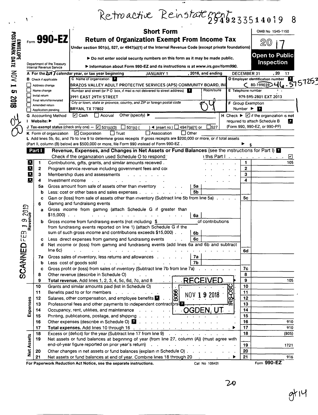 Image of first page of 2017 Form 990EO for Brazos Valley Aps Community Board