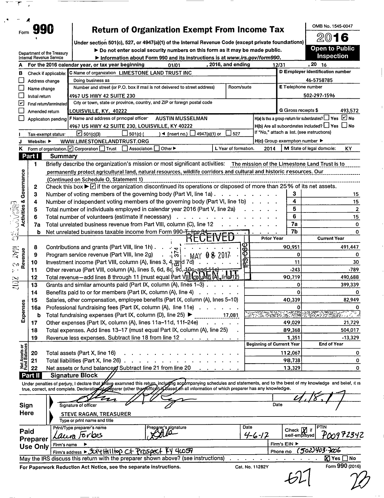 Image of first page of 2016 Form 990 for Limstone Land Trust