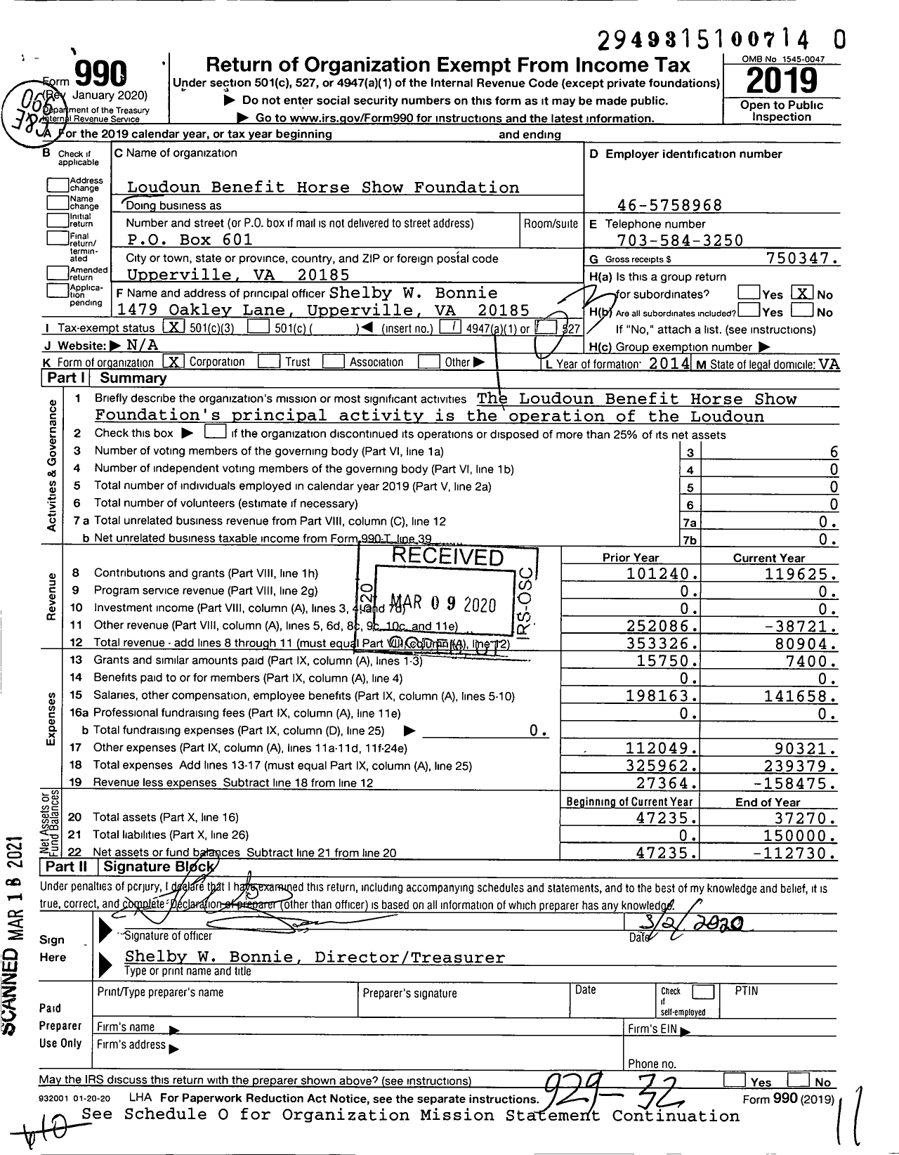 Image of first page of 2019 Form 990 for Loudoun Benefit Horse Show Foundation