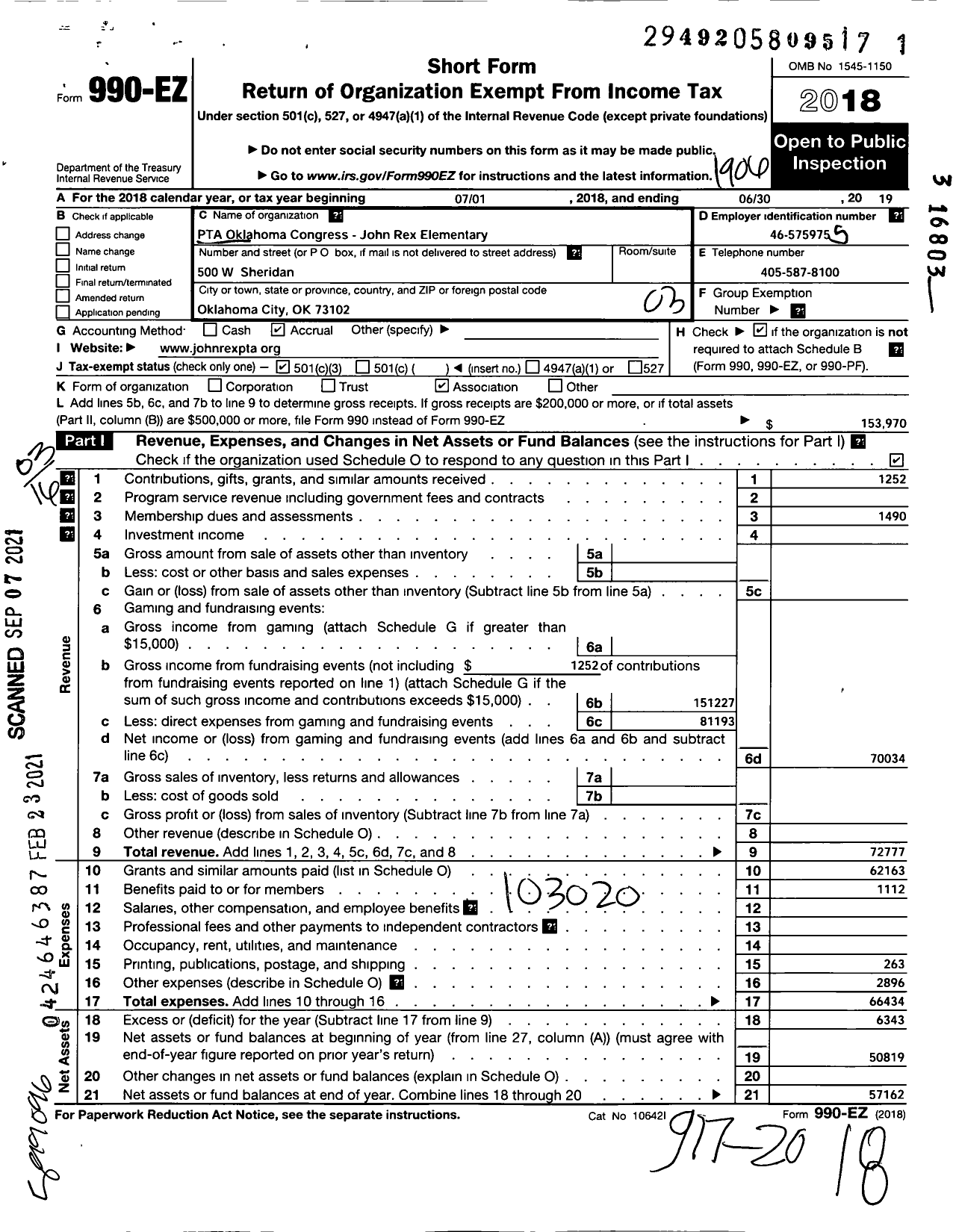 Image of first page of 2018 Form 990EZ for PTA Oklahoma Congress - John Rex Elementary