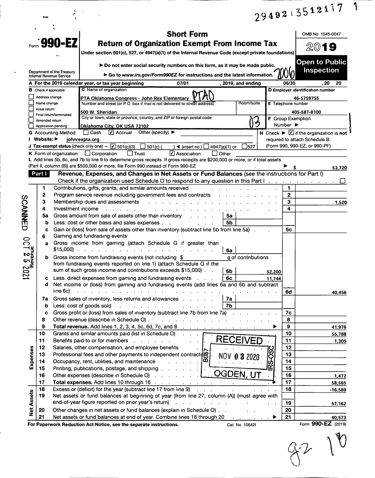 Image of first page of 2019 Form 990EZ for PTA Oklahoma Congress - John Rex Elementary