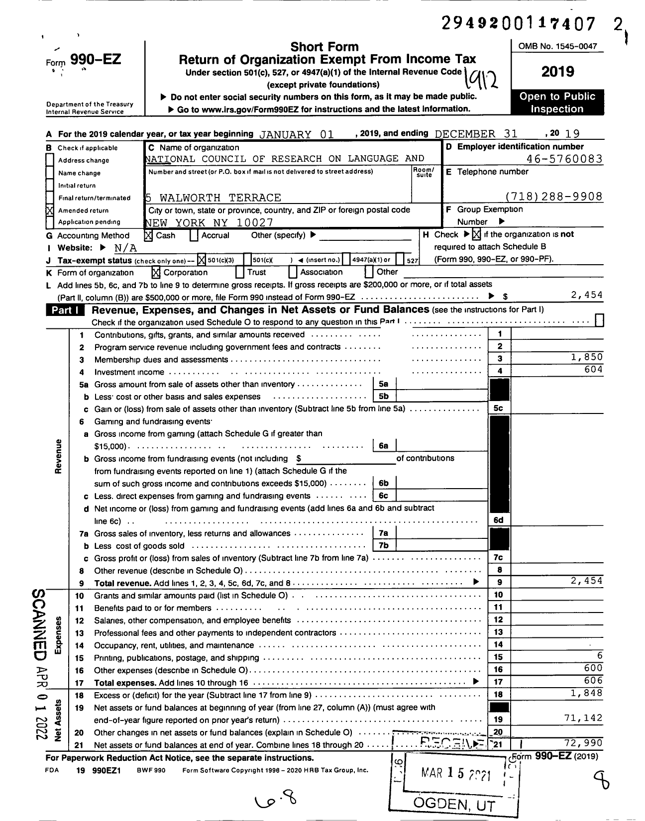 Image of first page of 2019 Form 990EZ for National Council of Research on Language and Literacy