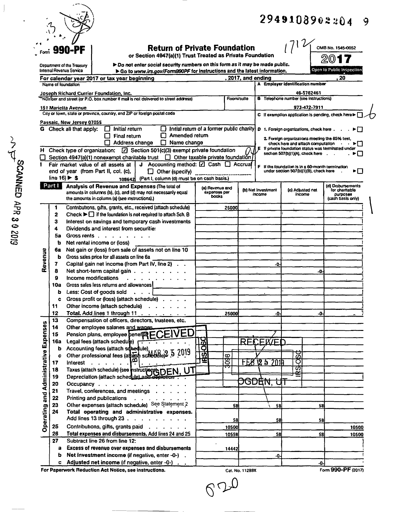 Image of first page of 2017 Form 990PF for Joseph Richard Currier Charitable Foundation