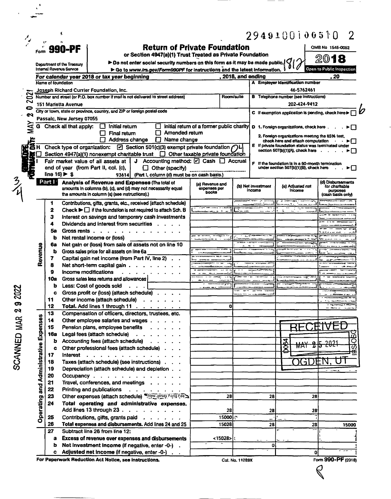 Image of first page of 2018 Form 990PF for Joseph Richard Currier Charitable Foundation