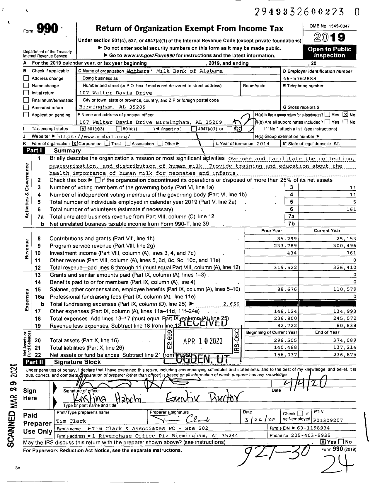 Image of first page of 2019 Form 990 for Mothers Milk Bank of Alabama