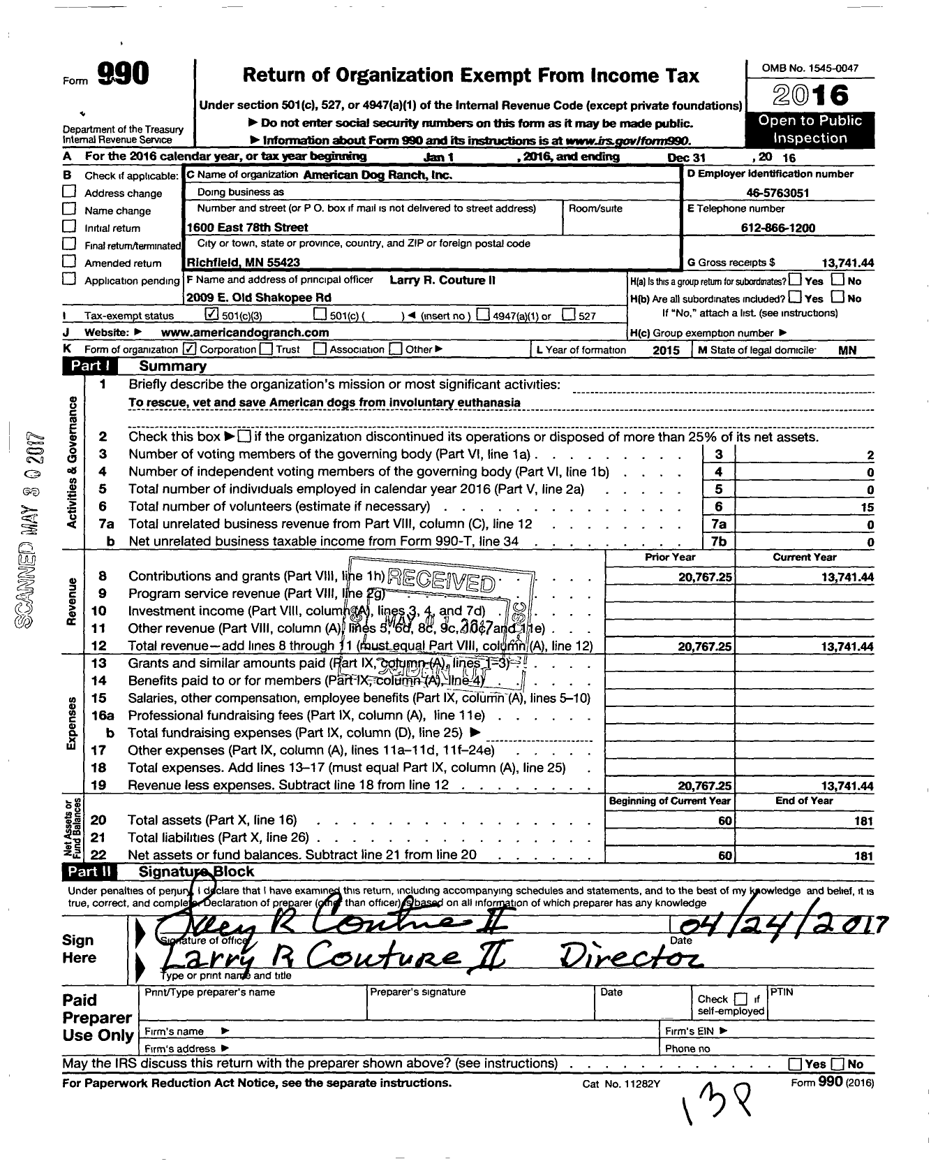 Image of first page of 2016 Form 990 for American Dog Ranch Incorporated