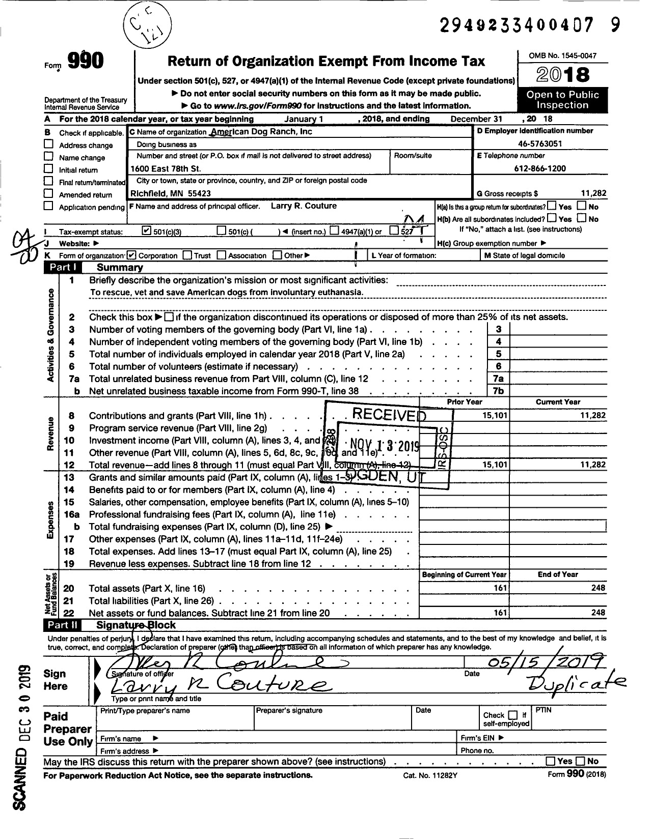 Image of first page of 2018 Form 990O for American Dog Ranch Incorporated