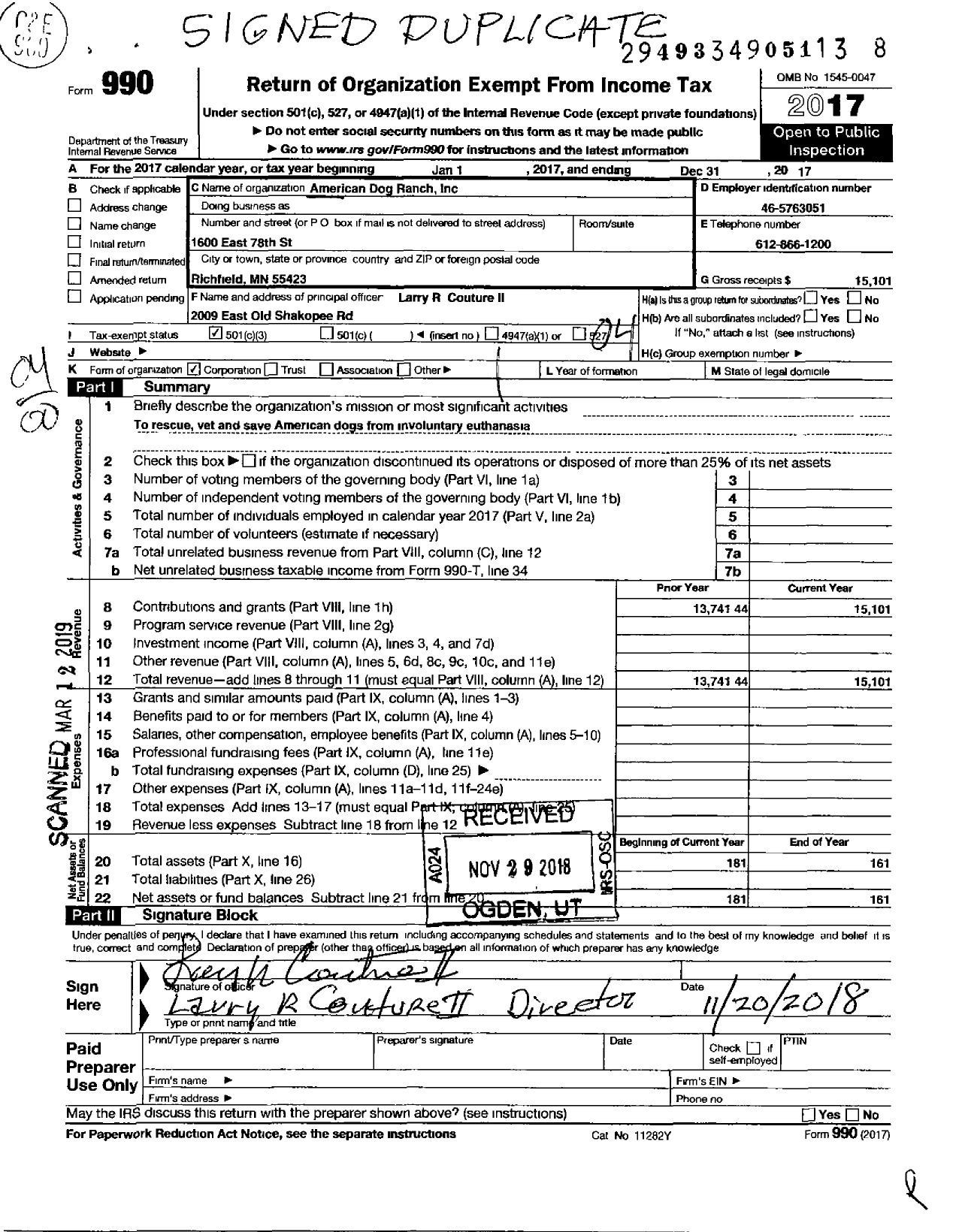 Image of first page of 2017 Form 990O for American Dog Ranch Incorporated