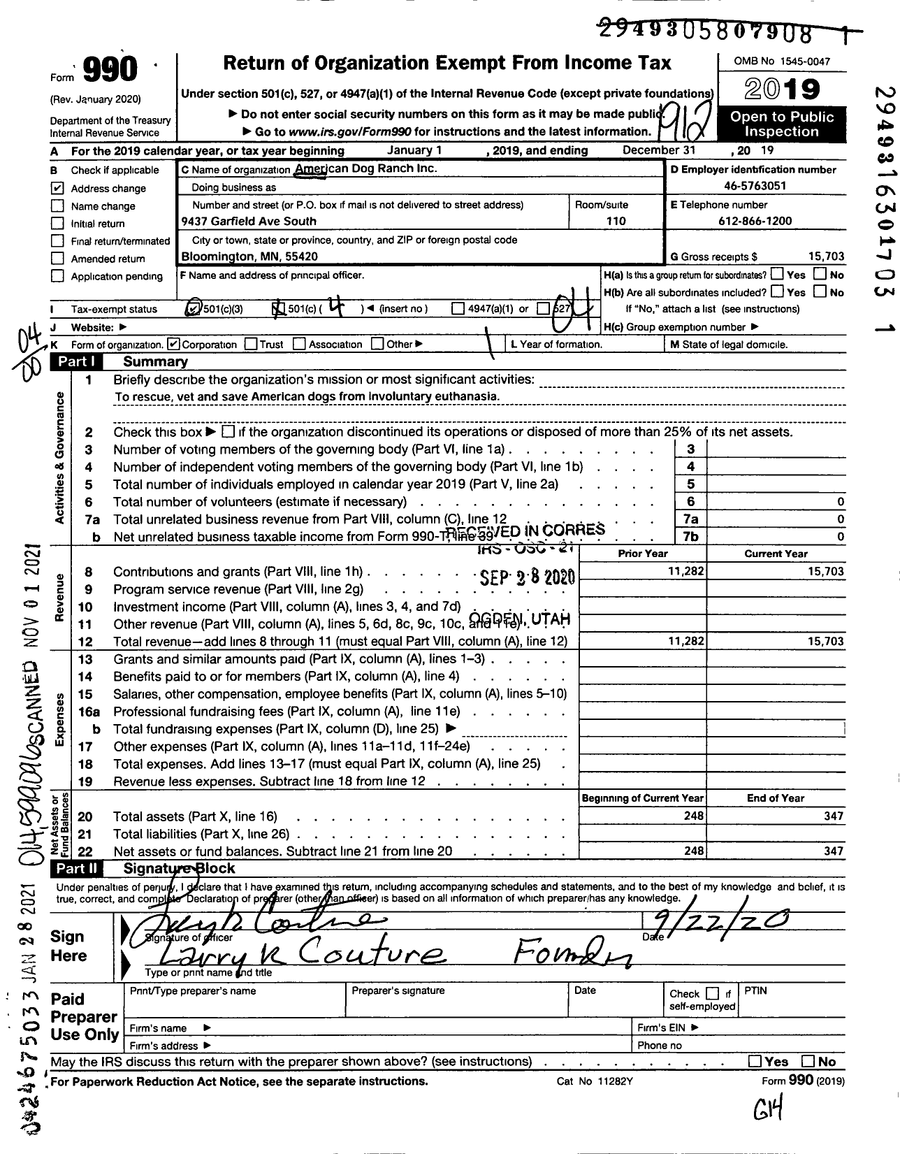 Image of first page of 2019 Form 990O for American Dog Ranch Incorporated