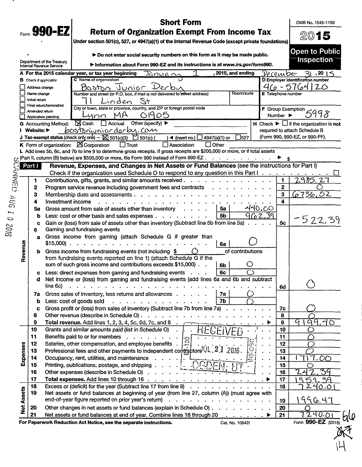 Image of first page of 2015 Form 990EZ for Junior Roller Derby Association / Boston Junior Derby