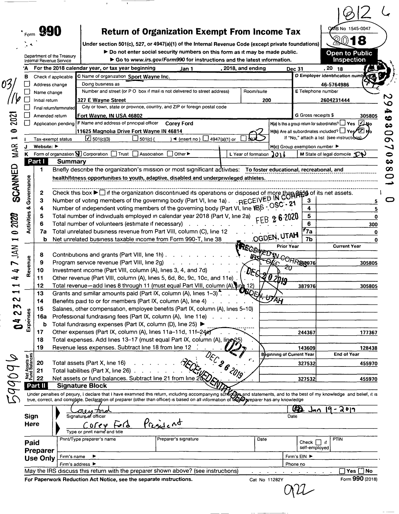 Image of first page of 2018 Form 990 for Sport Wayne