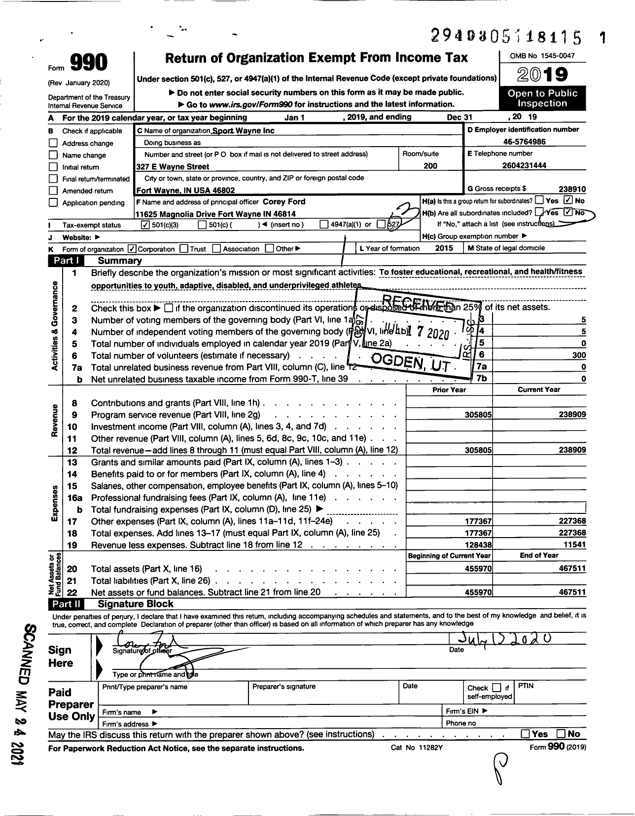 Image of first page of 2019 Form 990 for Sport Wayne