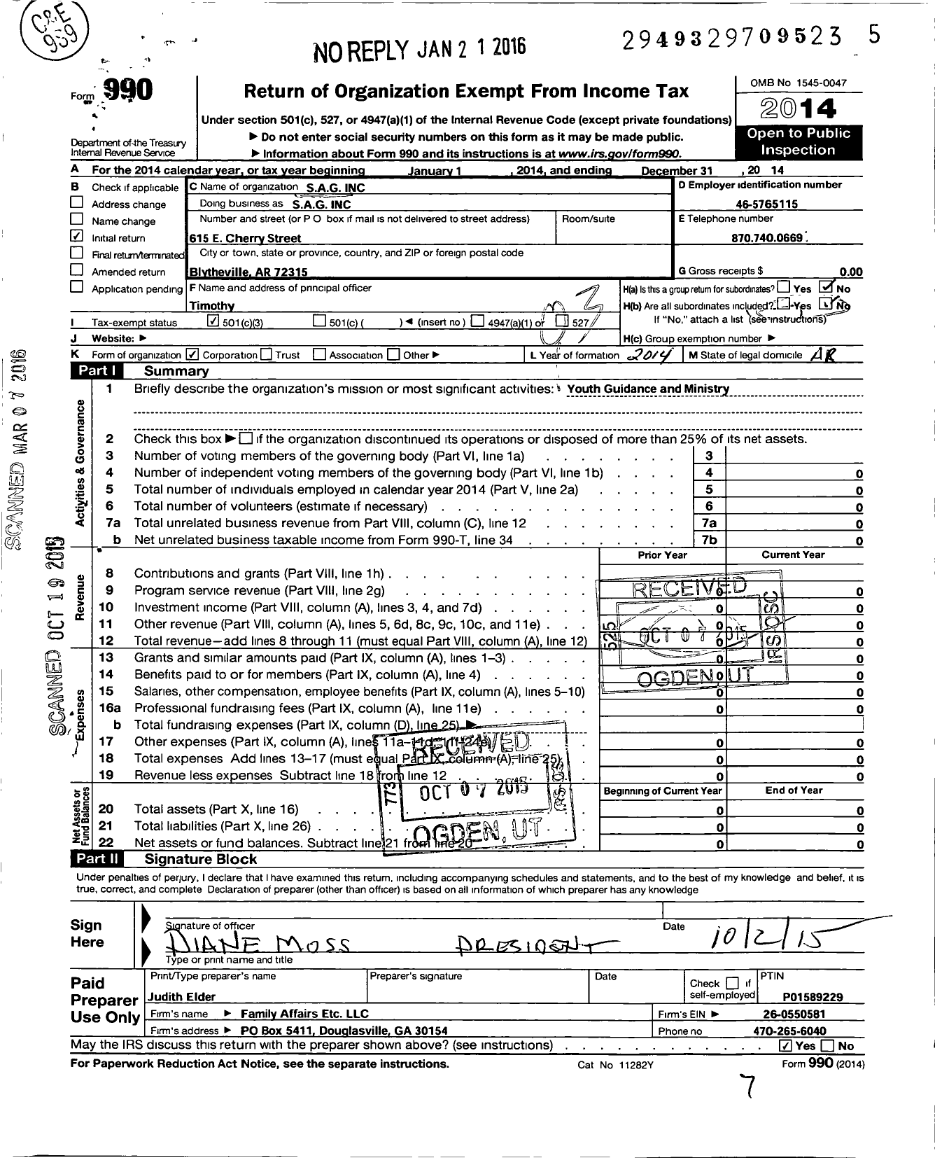 Image of first page of 2014 Form 990 for S A G