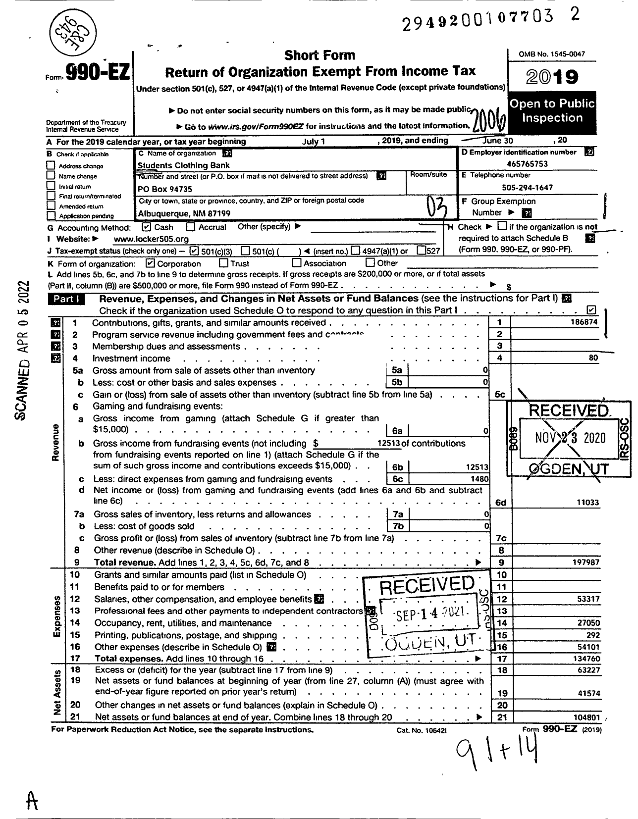 Image of first page of 2019 Form 990EZ for Student Clothing Bank