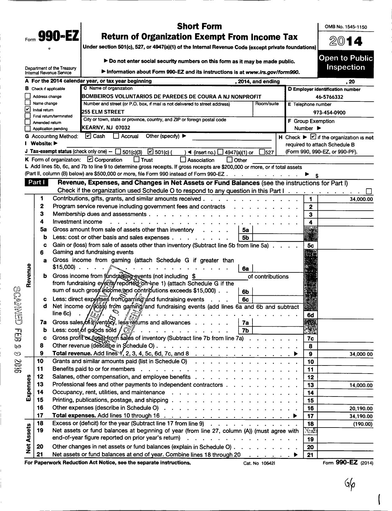 Image of first page of 2014 Form 990EO for Bombeiros Voluntarios de Paredes de Coura A NJ Nonprofit