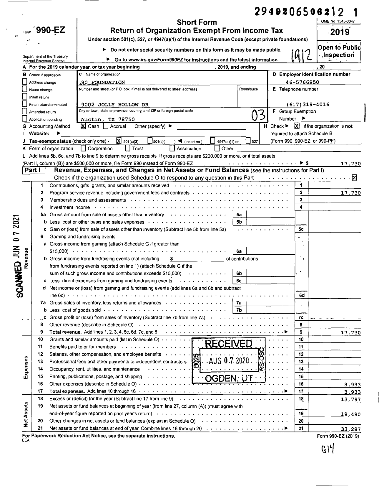 Image of first page of 2019 Form 990EZ for 90 Foundation