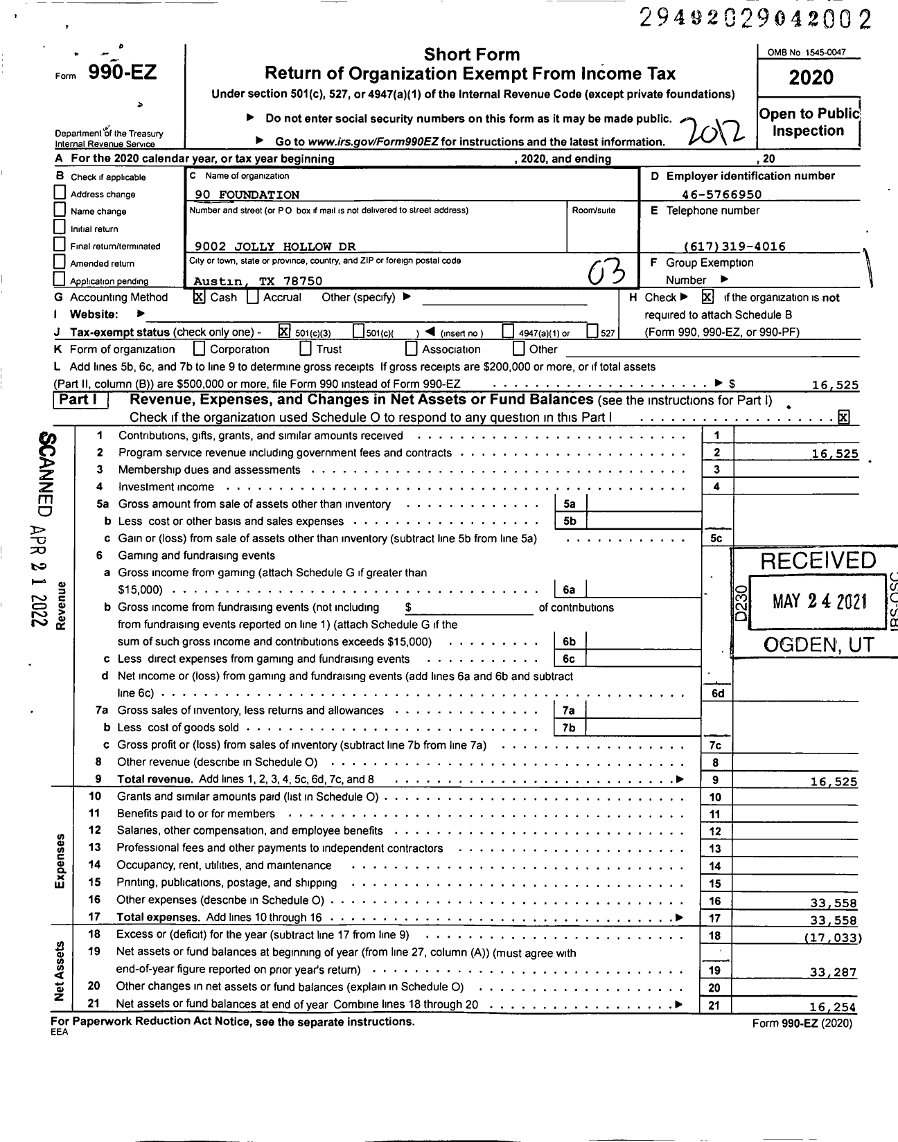 Image of first page of 2020 Form 990EZ for 90 Foundation