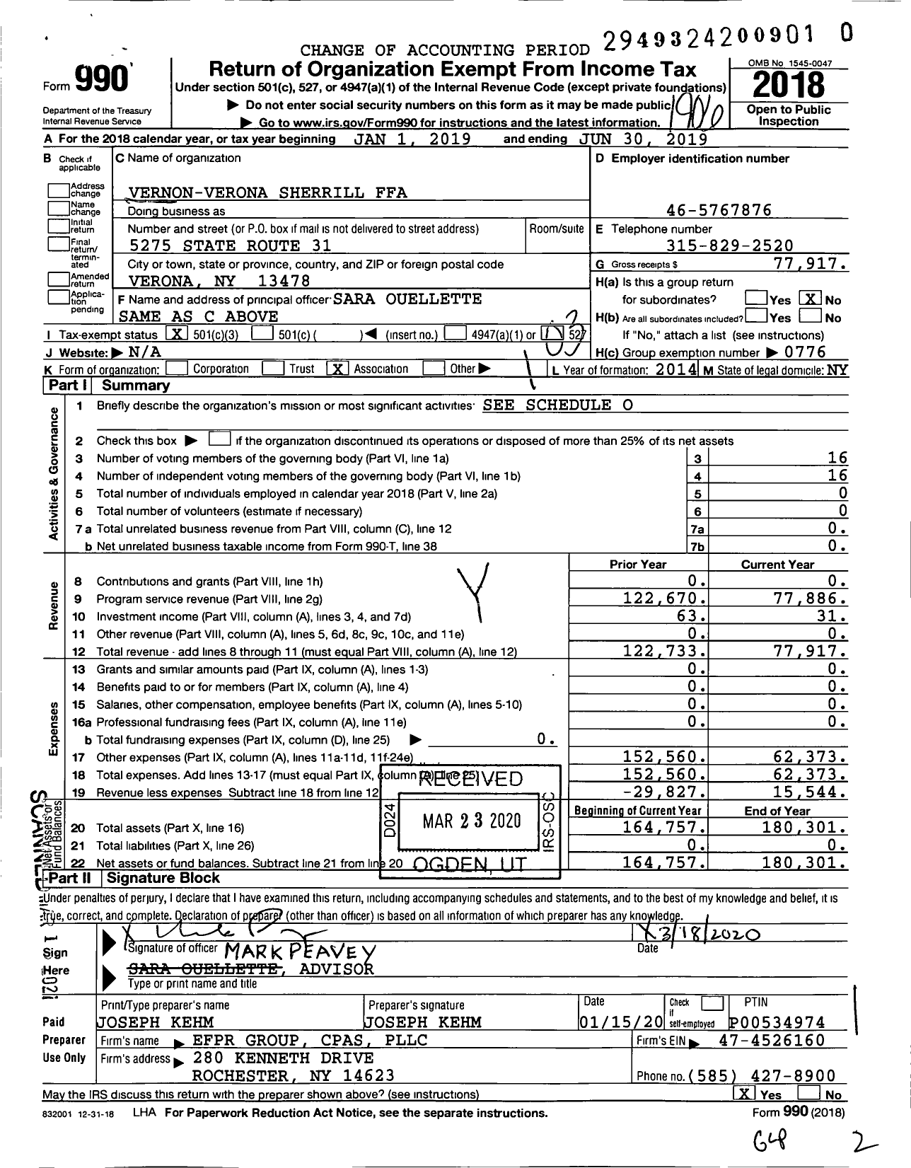 Image of first page of 2018 Form 990 for Future Farmers of America - Ny0026 Vemon-Verona-Sherrill Ffa