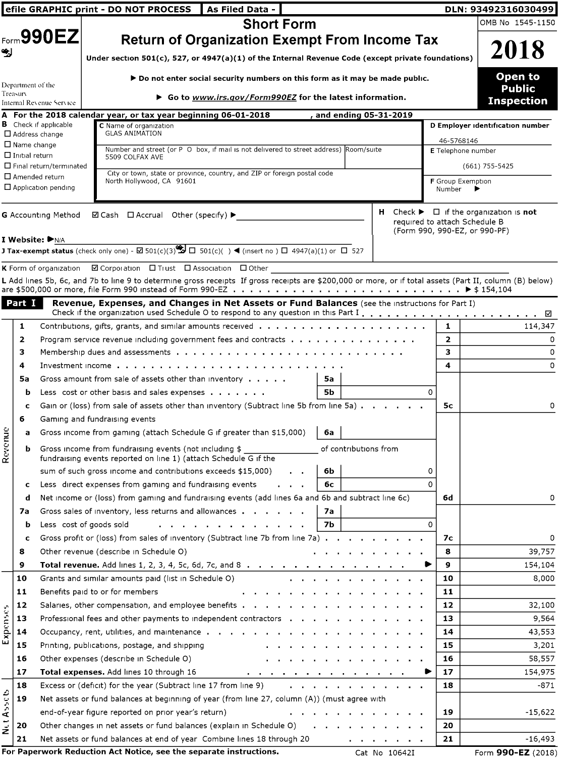 Image of first page of 2018 Form 990EZ for Glas Animation