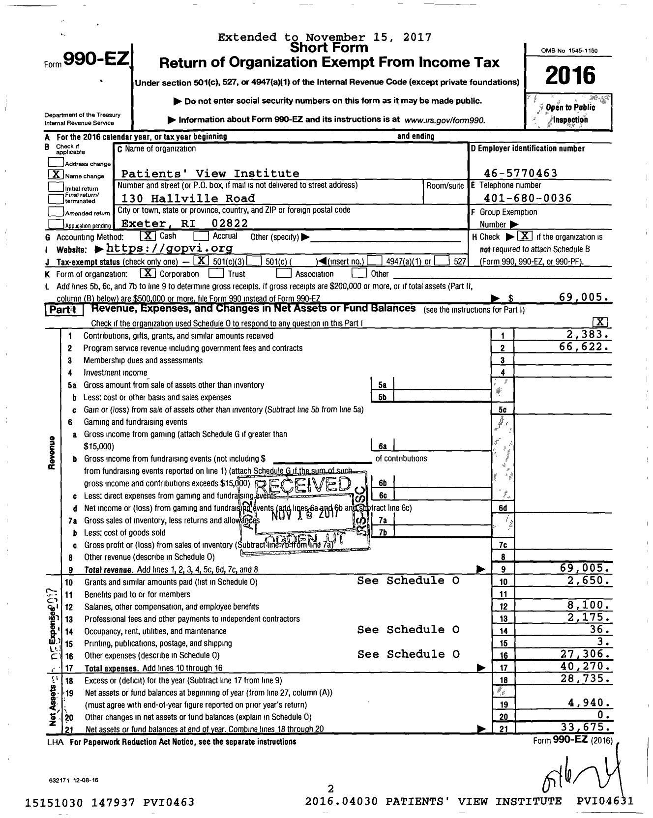 Image of first page of 2016 Form 990EZ for Patients' View Institute