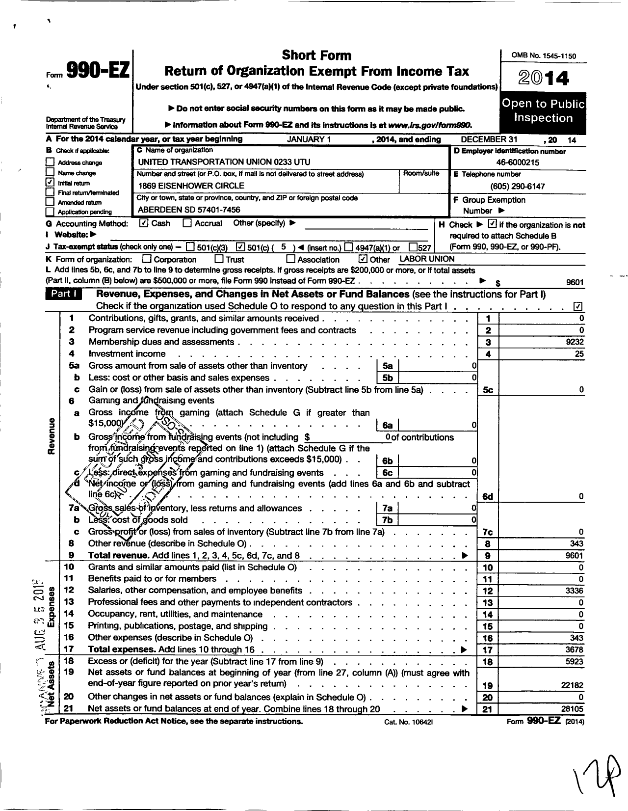 Image of first page of 2014 Form 990EO for Smart Union - 233 TD