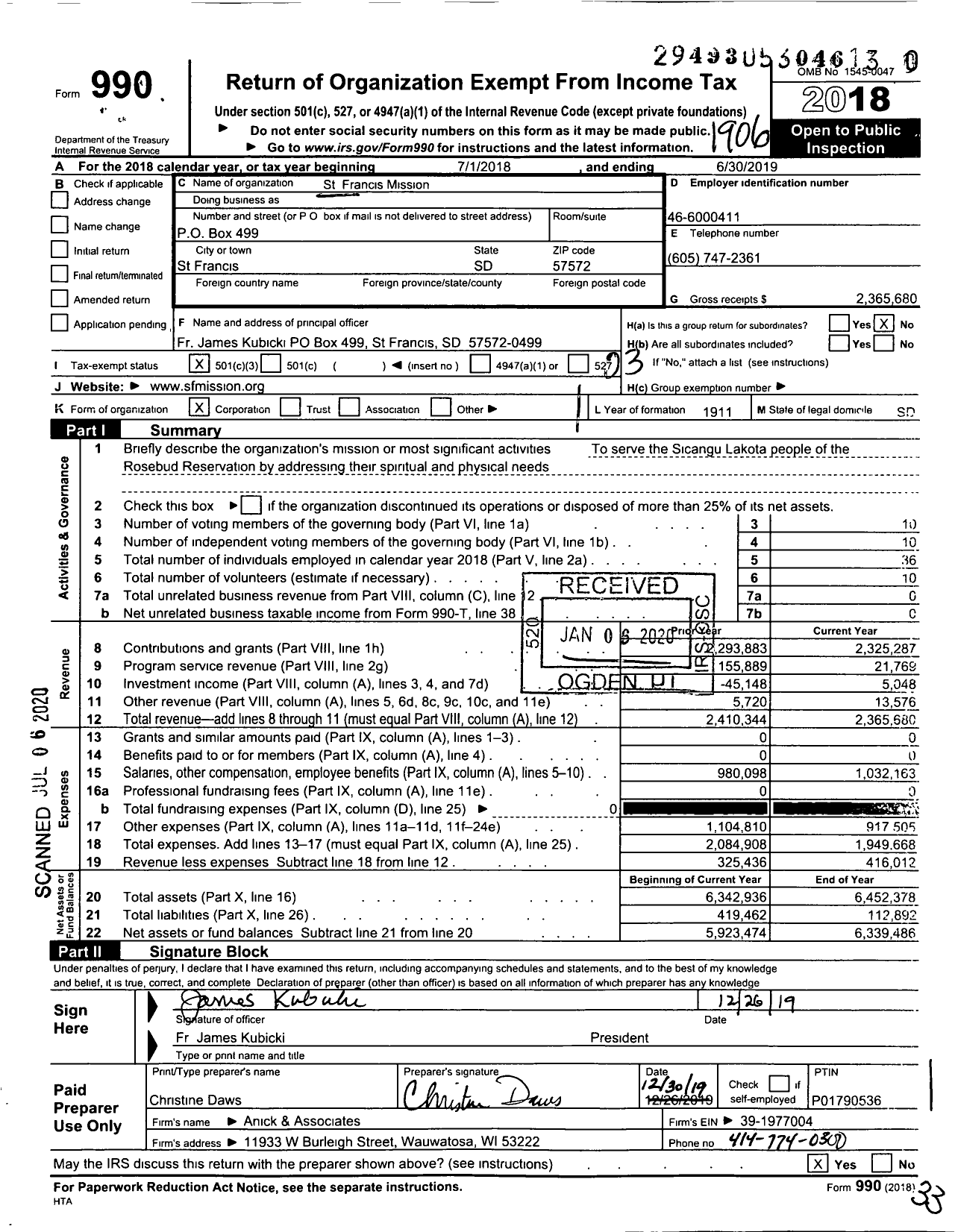 Image of first page of 2018 Form 990 for St Francis Mission