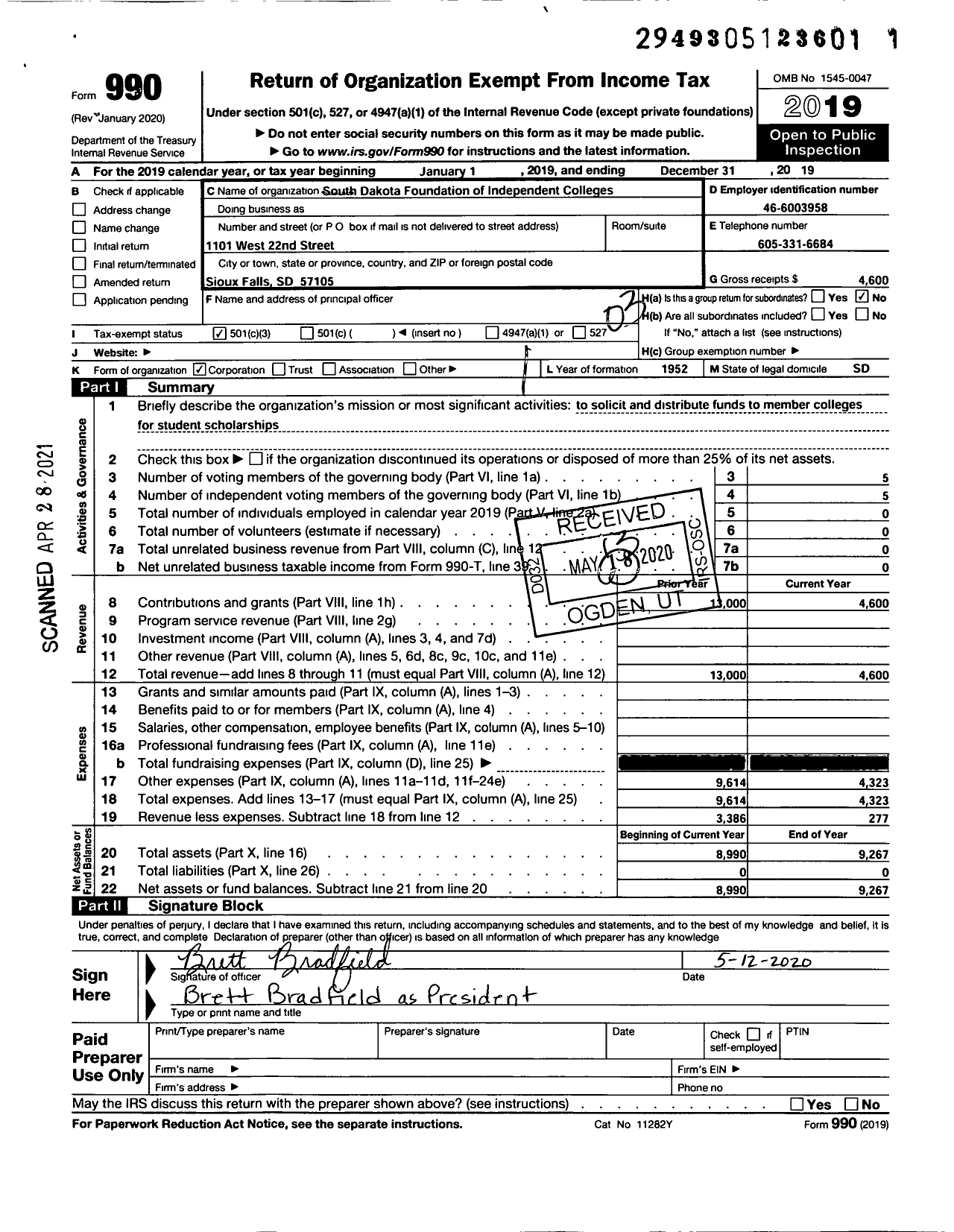 Image of first page of 2019 Form 990 for South Dakota Foundation of Independent Colleges