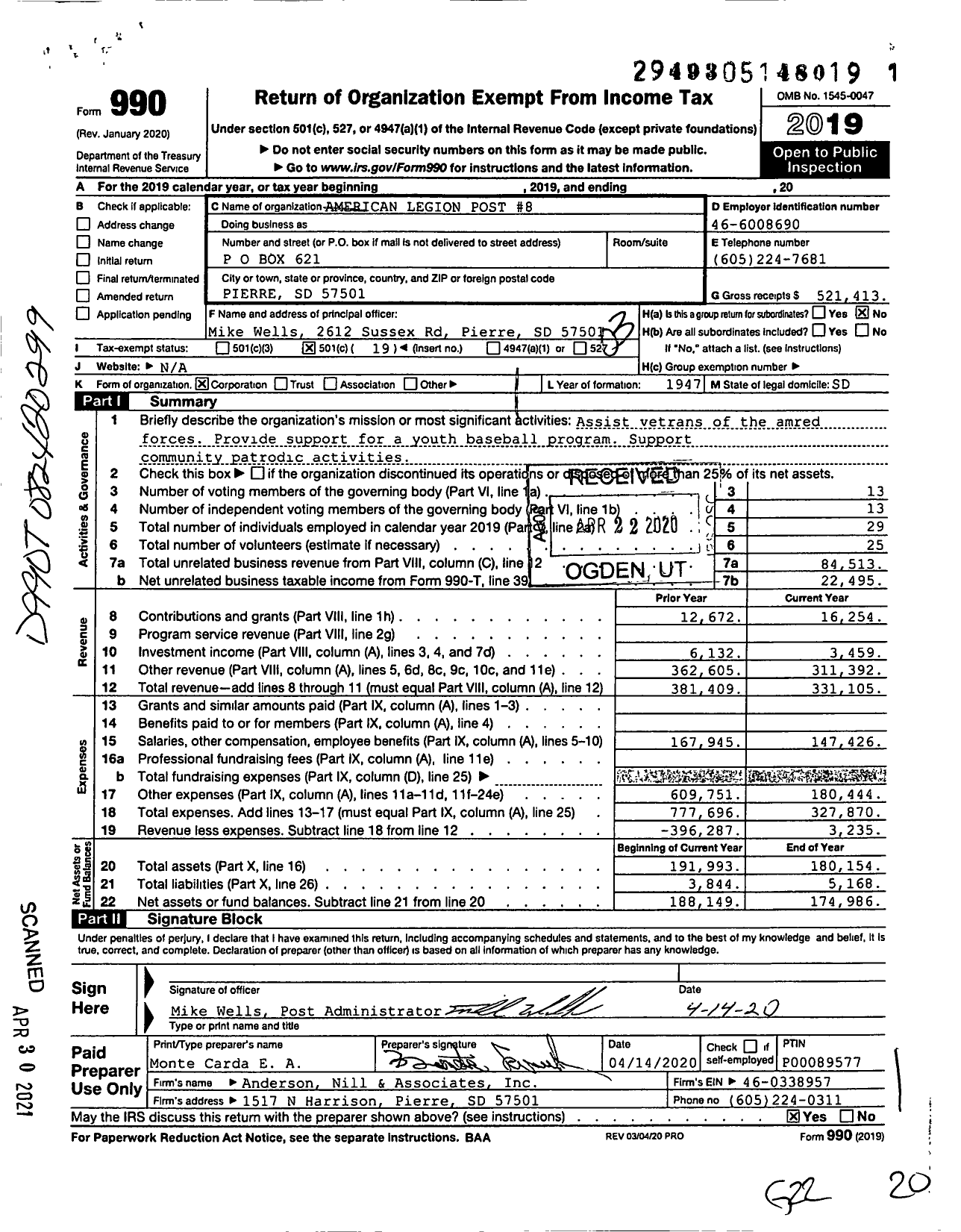 Image of first page of 2019 Form 990 for American Legion - 0008 Pierre