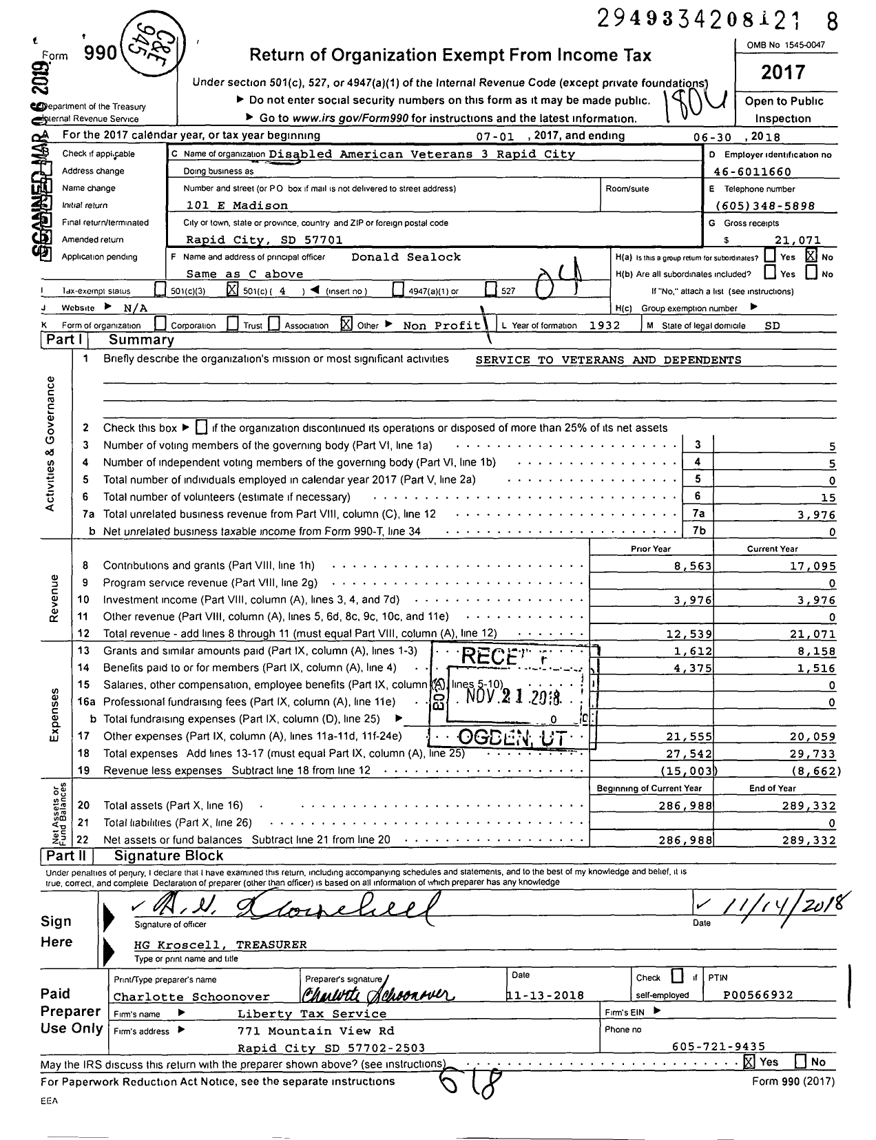 Image of first page of 2017 Form 990O for Disabled American Veterans - 3 Rapid City