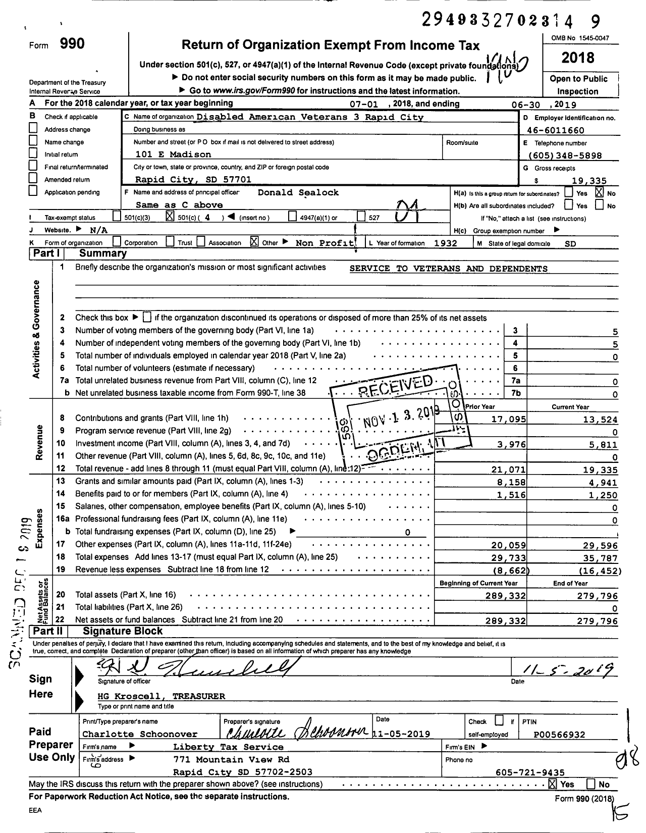 Image of first page of 2018 Form 990O for Disabled American Veterans - 3 Rapid City