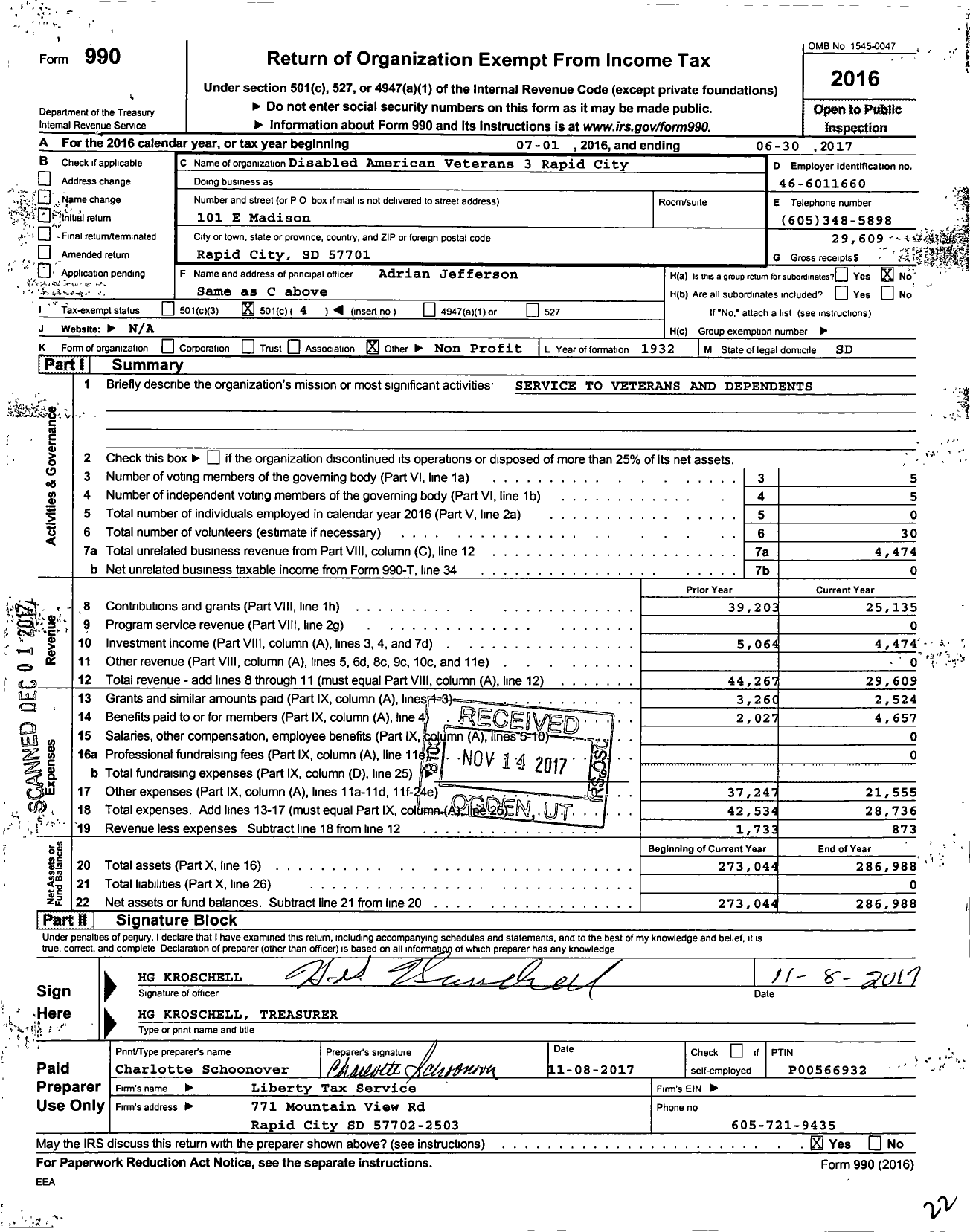 Image of first page of 2016 Form 990O for Disabled American Veterans - 3 Rapid City