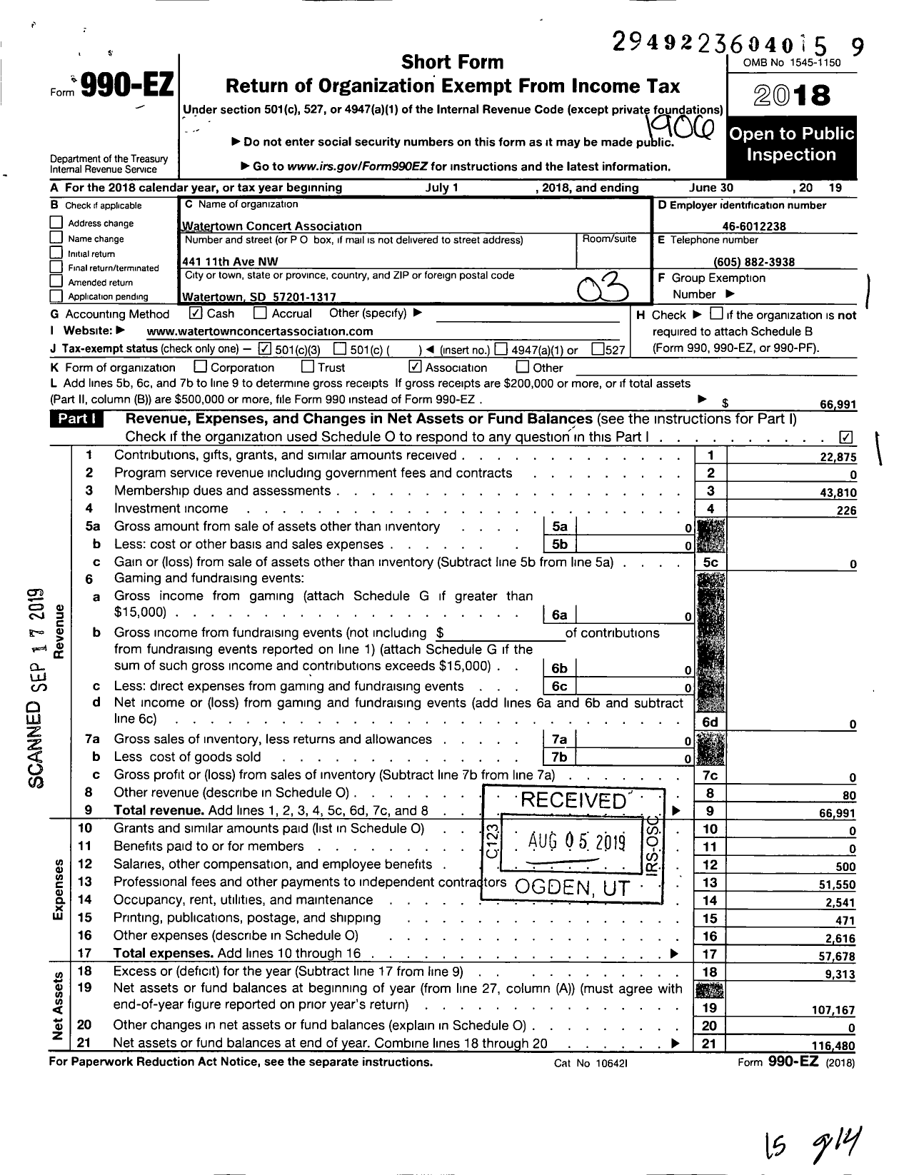 Image of first page of 2018 Form 990EZ for Watertown Concert Association