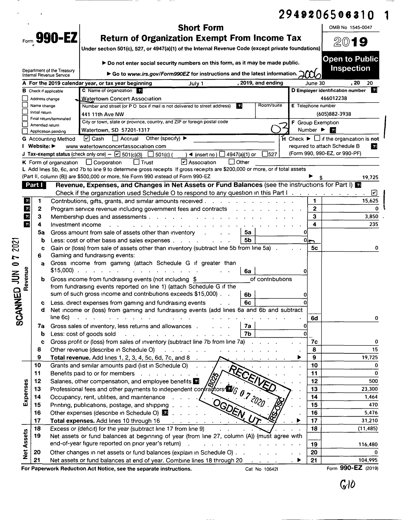 Image of first page of 2019 Form 990EZ for Watertown Concert Association